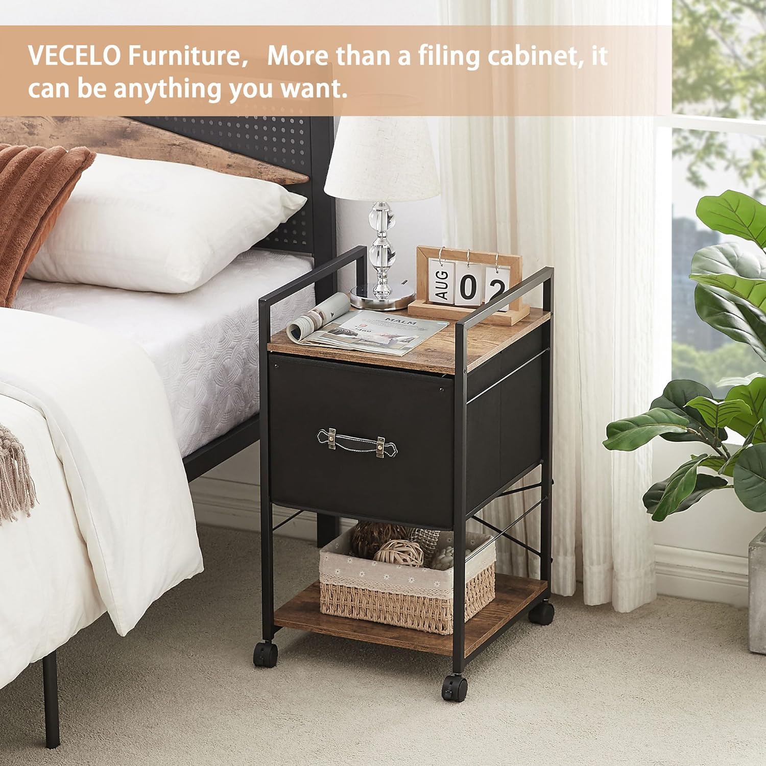 VECELO Mobile Vertical Filing Cabinet, Rolling Printer Shelf with Handle - VECELO