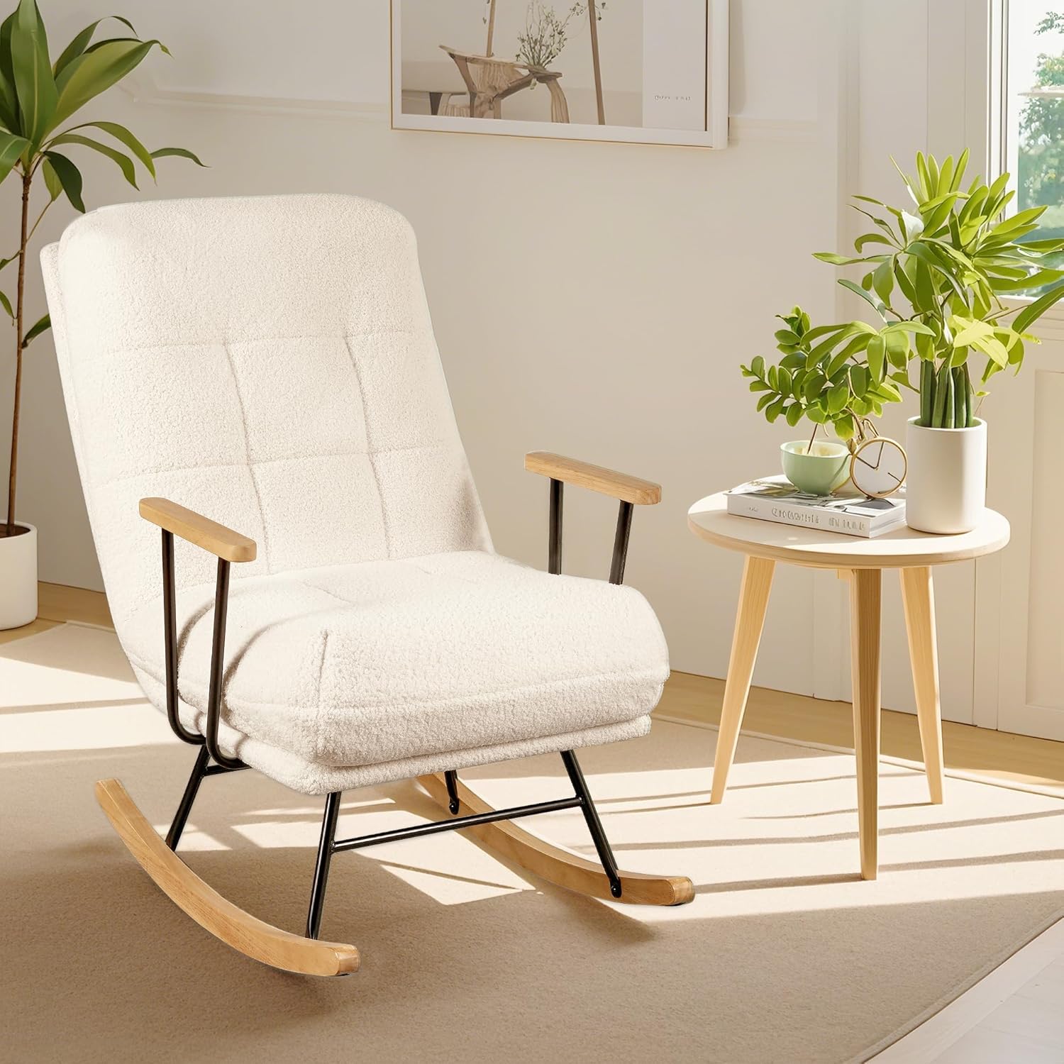 VECELO Rocking Chair Nursery Teddy Fabric Modern Upholstered Glider Rocker with High Backrest for Living Room - VECELO