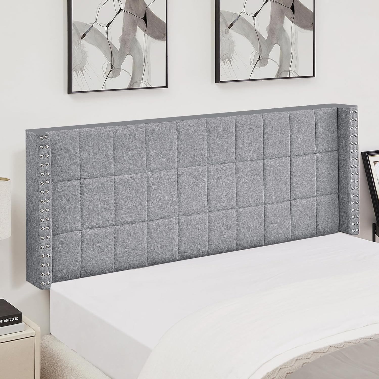 VECELO Linen Upholstered Headboard for Queen/King Size Bed, Tufted Nailhead & Double Wingback for Bedroom - VECELO