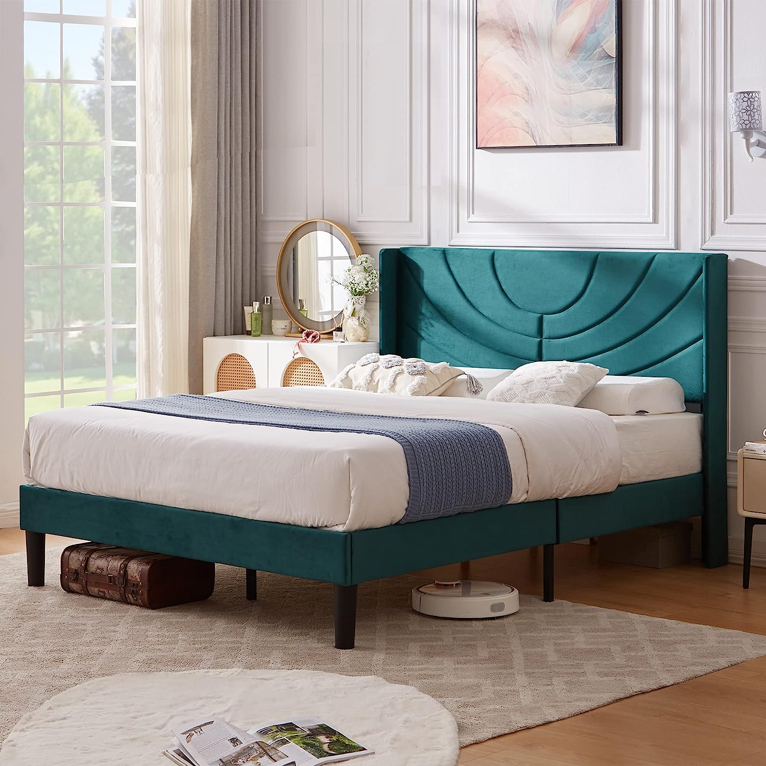 VECELO Upholstered Platform Bed Frame with Adjustable Fabric Headboard - VECELO