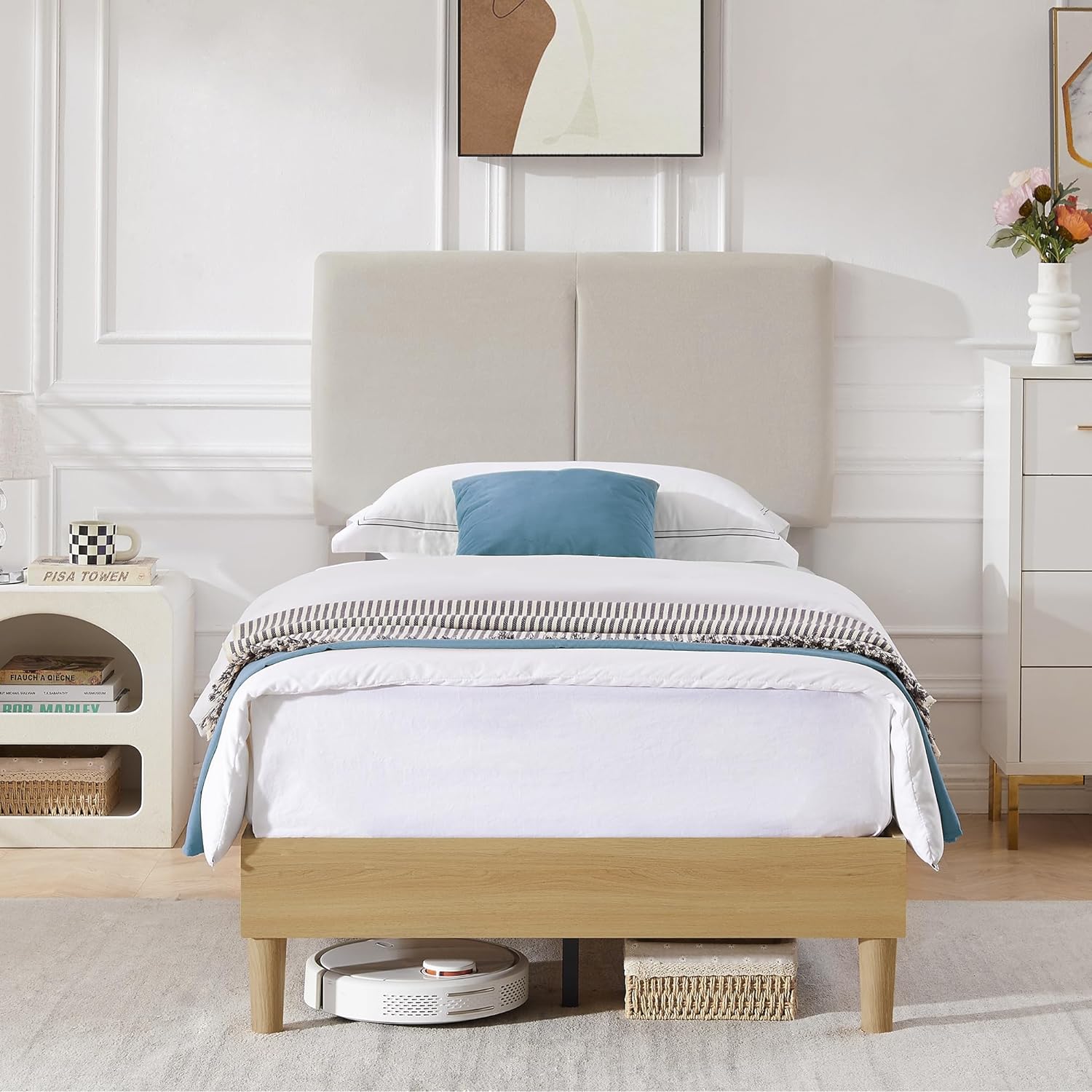 VECELO Upholstered Platform Bed Frame with Height-Adjustable Cotton and Linen Headboard - VECELO