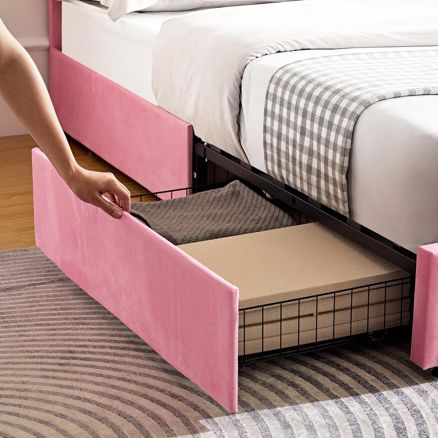 VECELO Upholstered Bed Frame with 4 Storage Drawers and Adjustable Velvet Headboard - VECELO