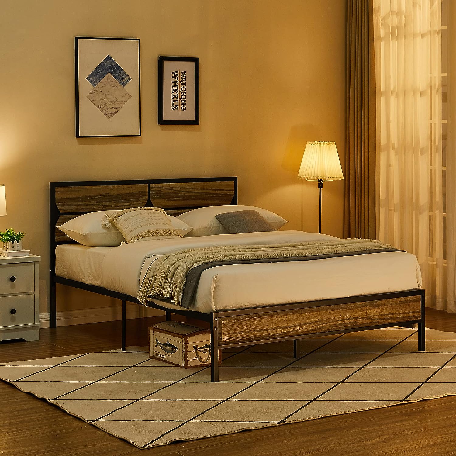 VECELO Metal Bed Frame Platform with Wooden Headboard&Footboard Mattress Foundation - VECELO