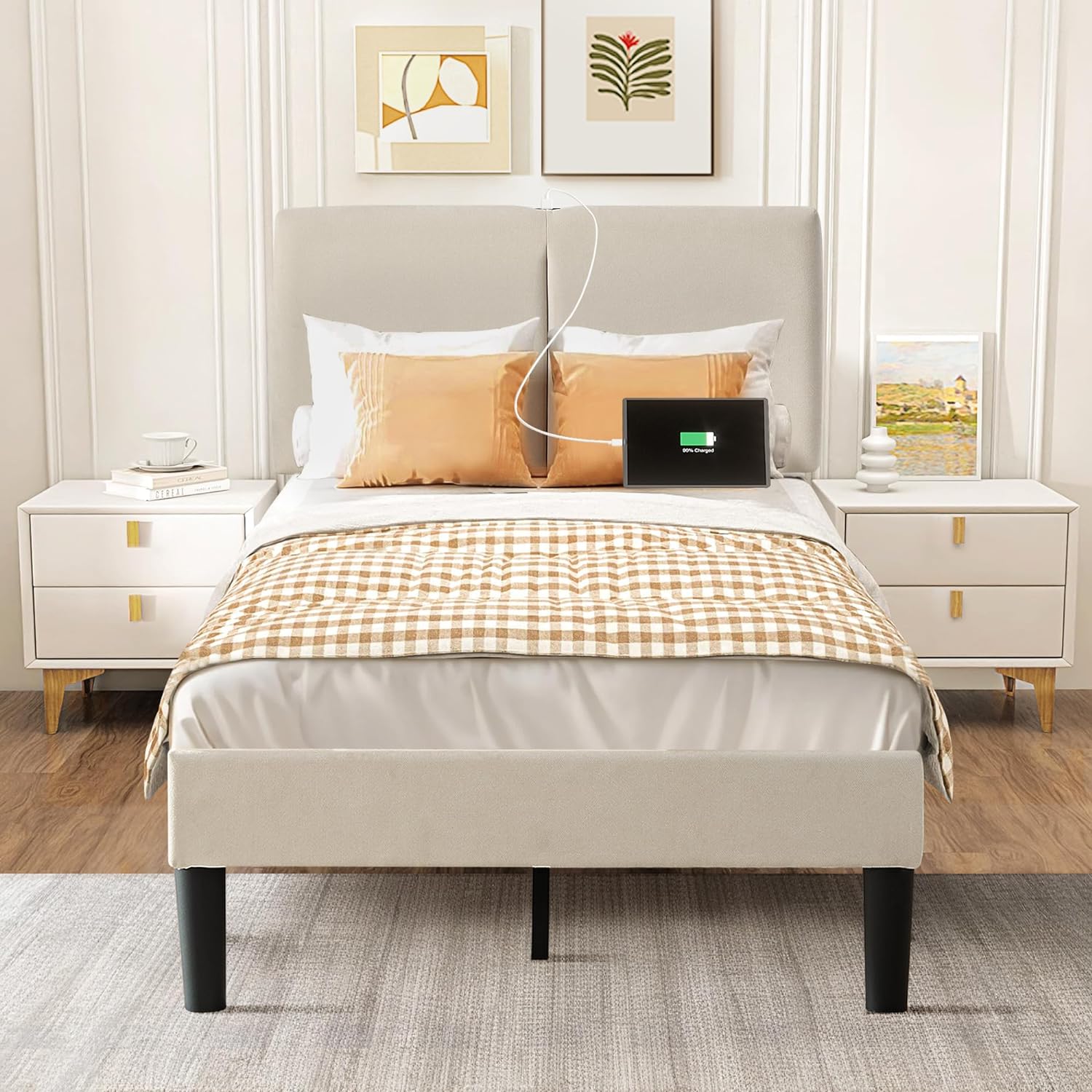 VECELO Twin/Full/Queen Bed Frame Upholstered Platform with Type-C & USB Ports Height-Adjustable Cotton and Linen Headboard - VECELO