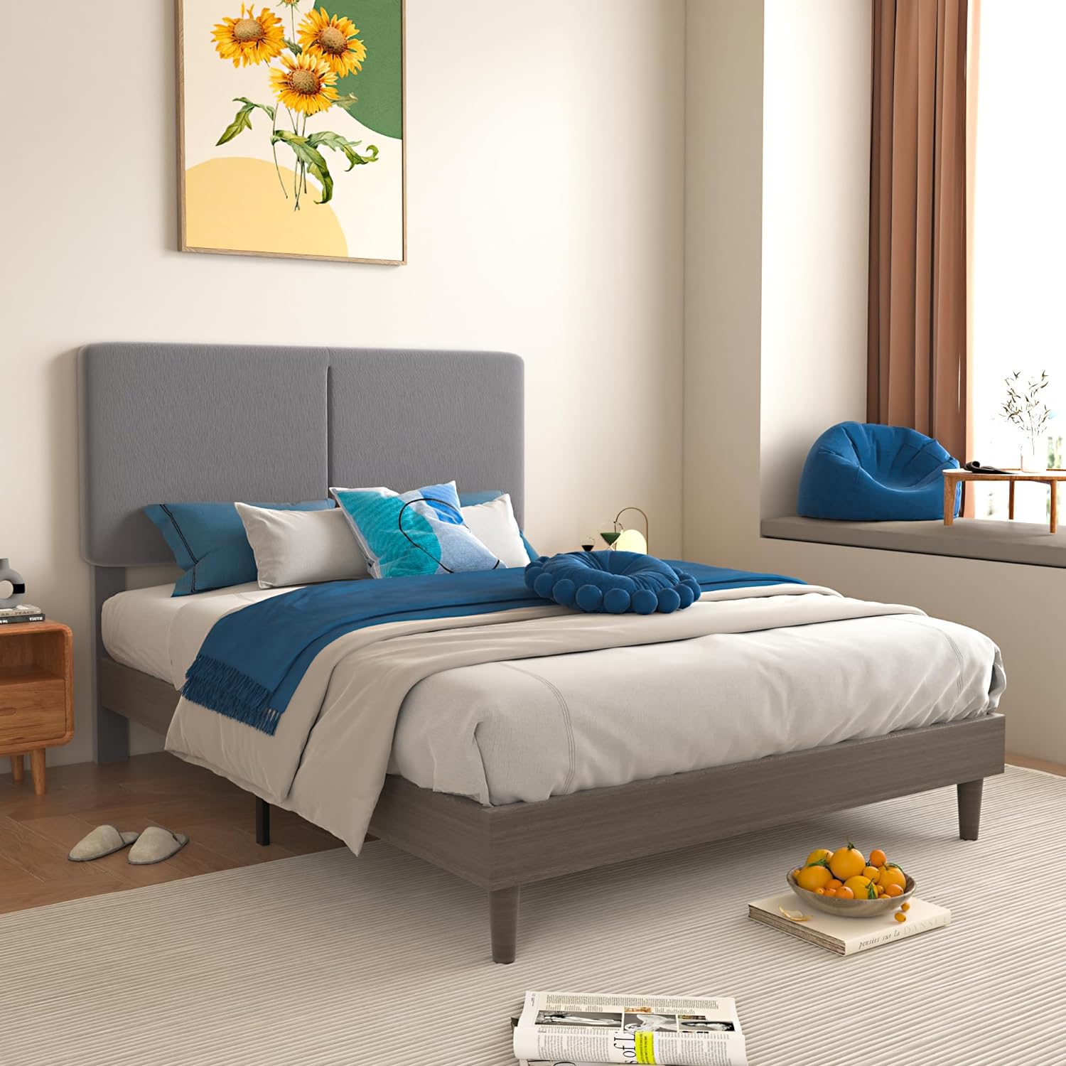 VECELO Upholstered Platform Bed Frame with Height-Adjustable Cotton and Linen Headboard - VECELO
