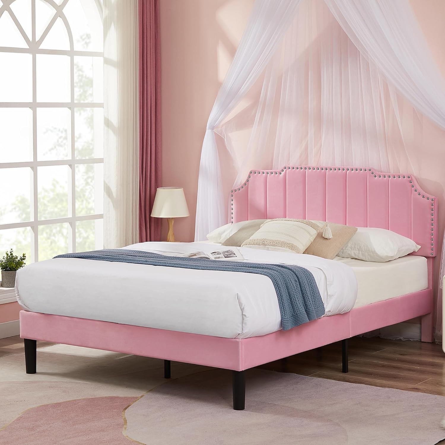 VECELO Upholstered Platform Bed Frame with Tufted Adjustable Headboard & Wood Slat Support - VECELO