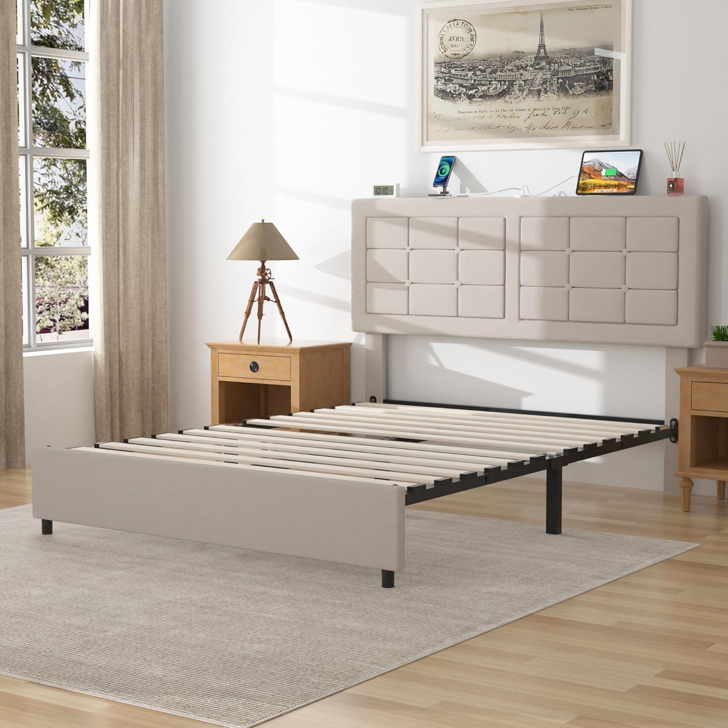 VECELO Bed Frame with 4 Drawers, Adjustable Tufted Button Headboard - VECELO