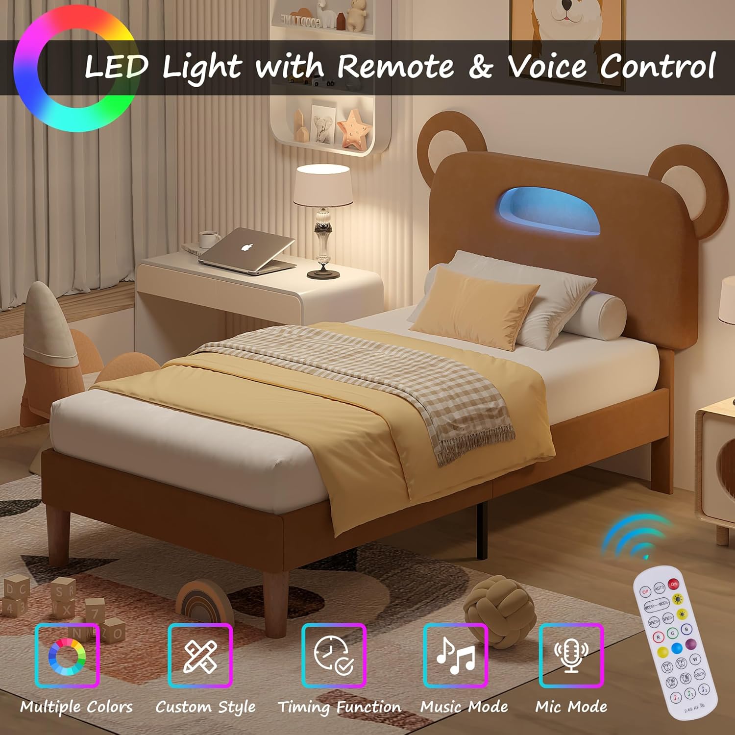 VECELO Twin Size Bed Frame with LED Light, Upholstered Platform Bedframe with Bear Adjustable Headboard - VECELO