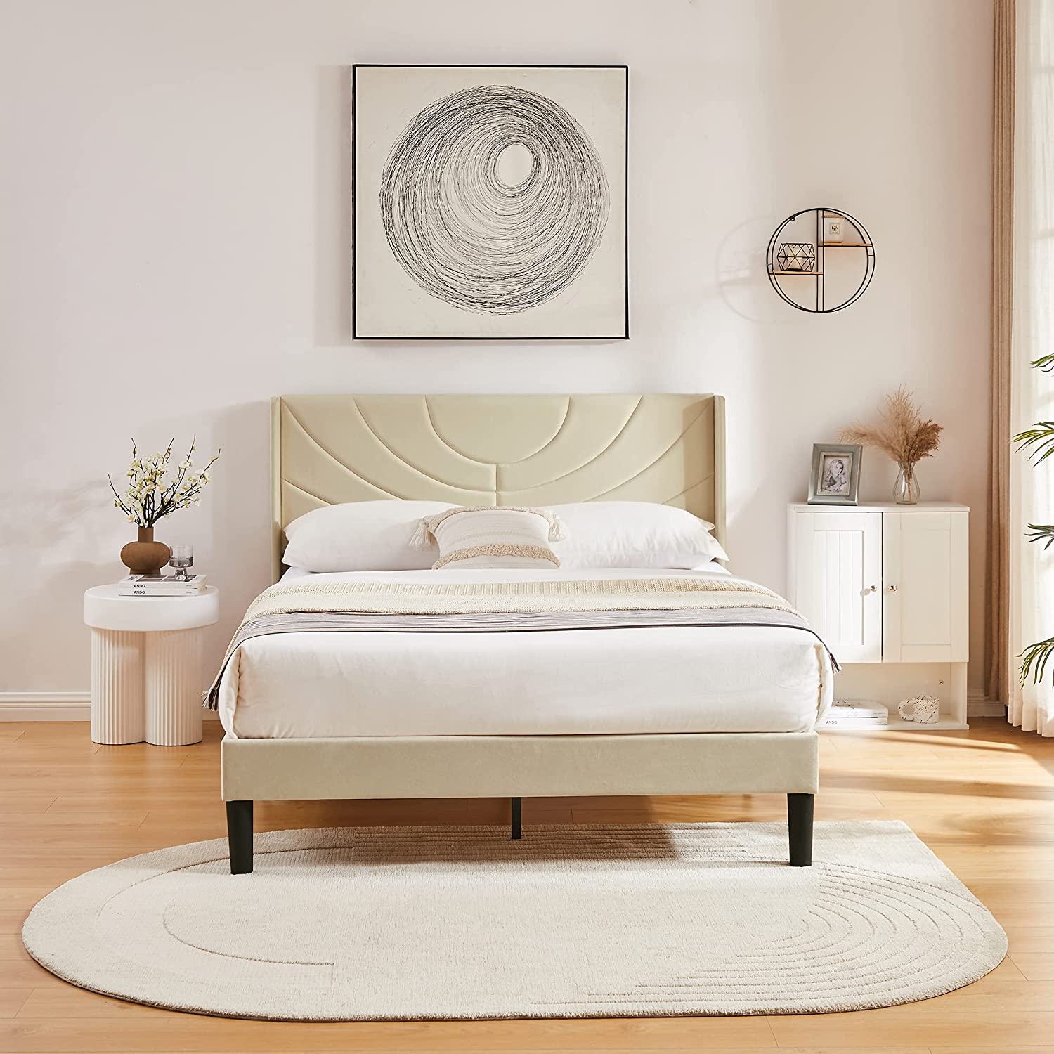 VECELO Upholstered Platform Bed Frame with Adjustable Fabric Headboard - VECELO