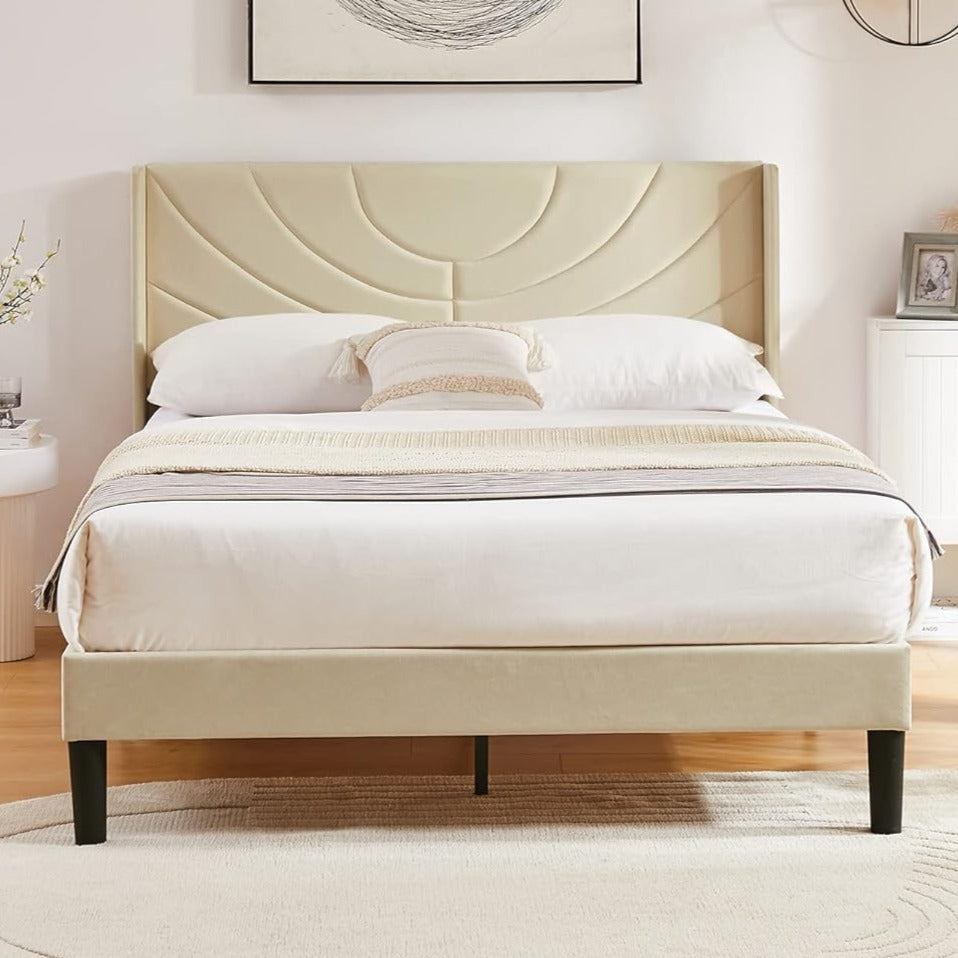 VECELO Upholstered Platform Bed Frame with Adjustable Fabric Headboard - VECELO