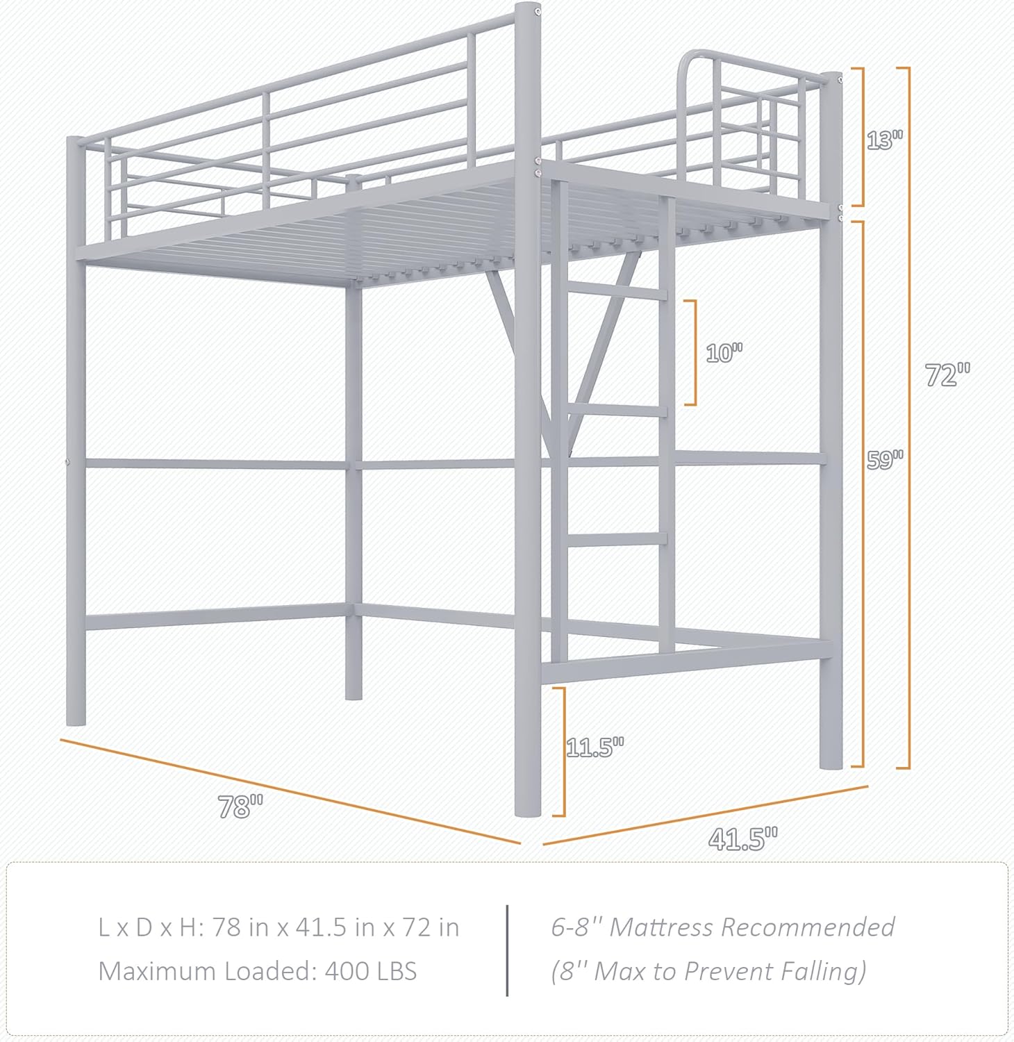 VECELO Metal Loft Bed Twin Size - VECELO
