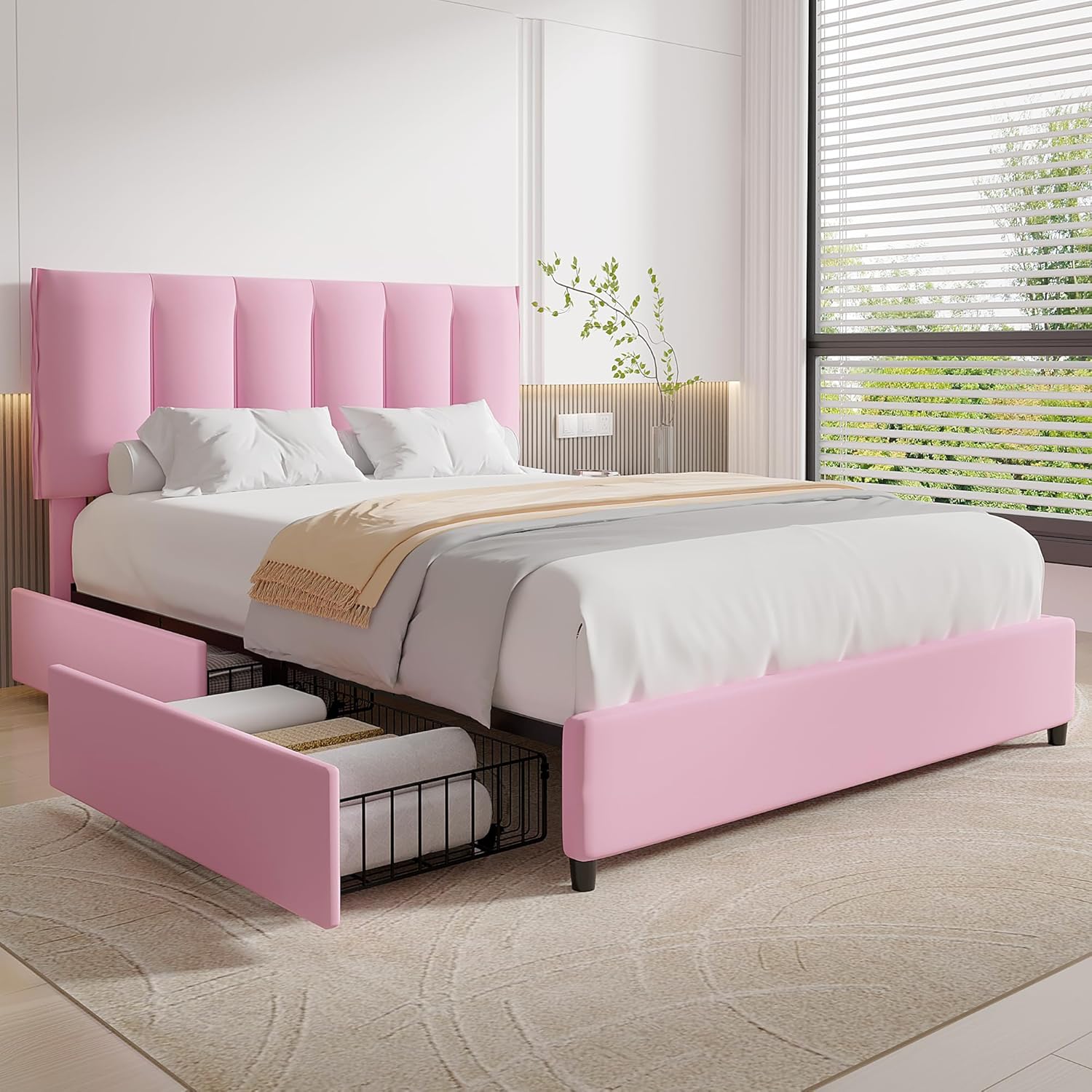 VECELO Upholstered Bed Frame with 4 Storage Drawers and Adjustable Velvet Headboard - VECELO