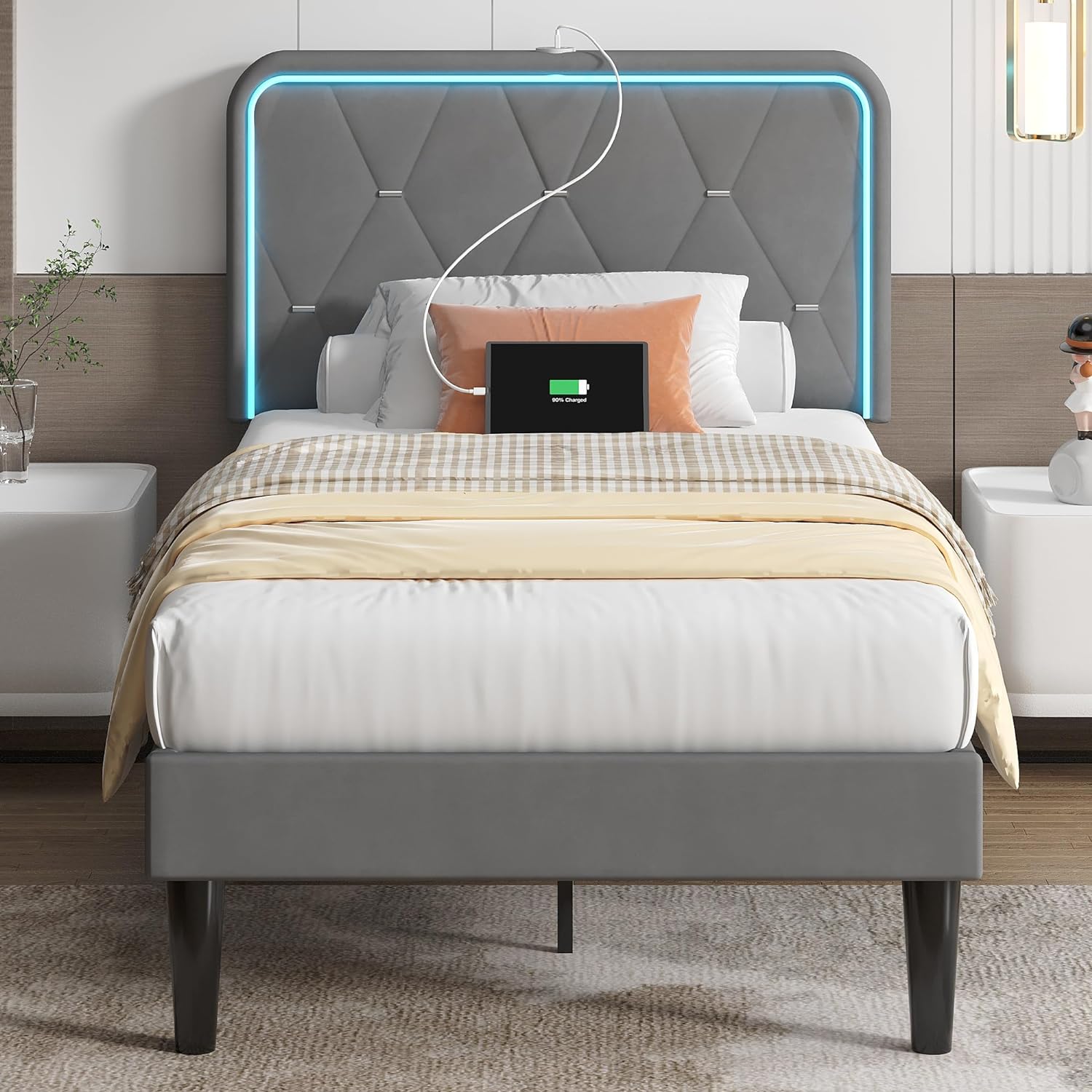 VECELO Upholstered Bed Frame with LED Lights, Charging Station, Velvet Platform Bed - VECELO