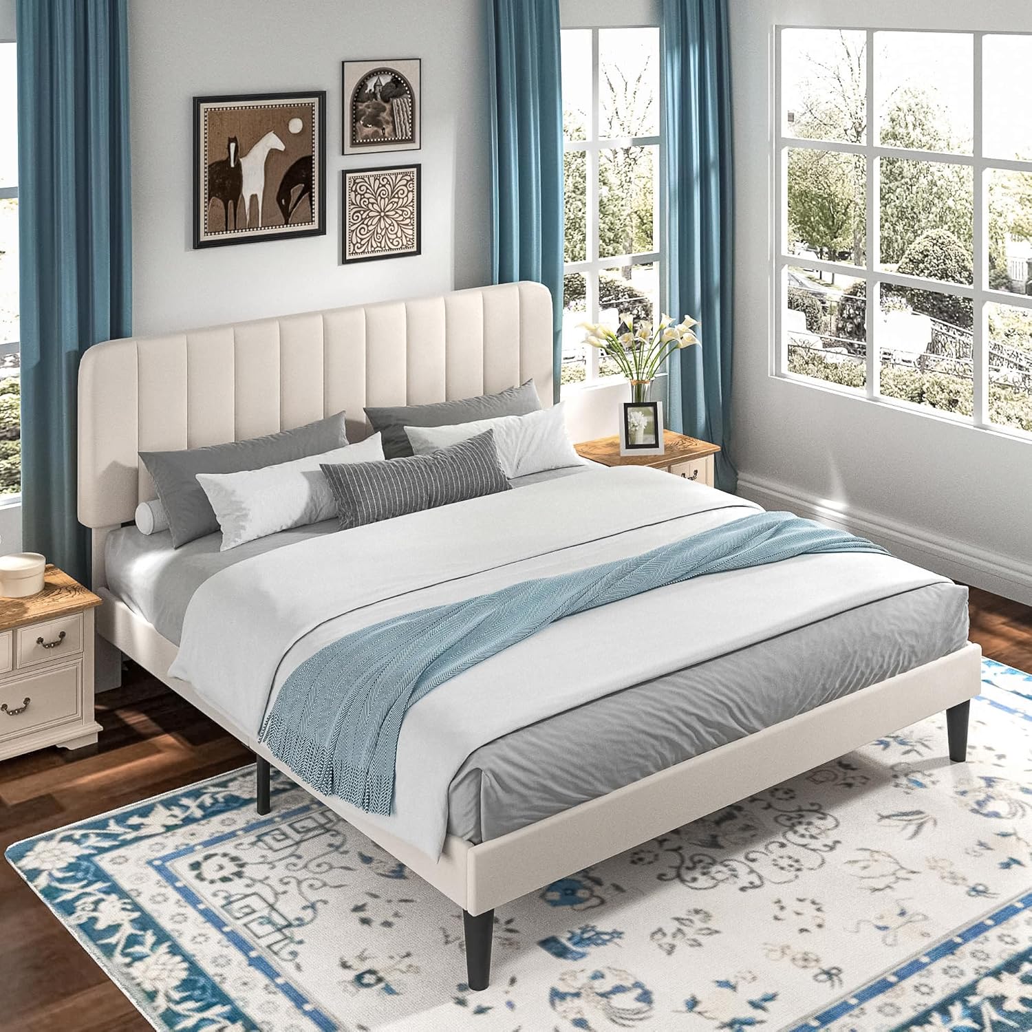 VECELO Upholstered Platform bedframe with Adjustable Headboard - VECELO