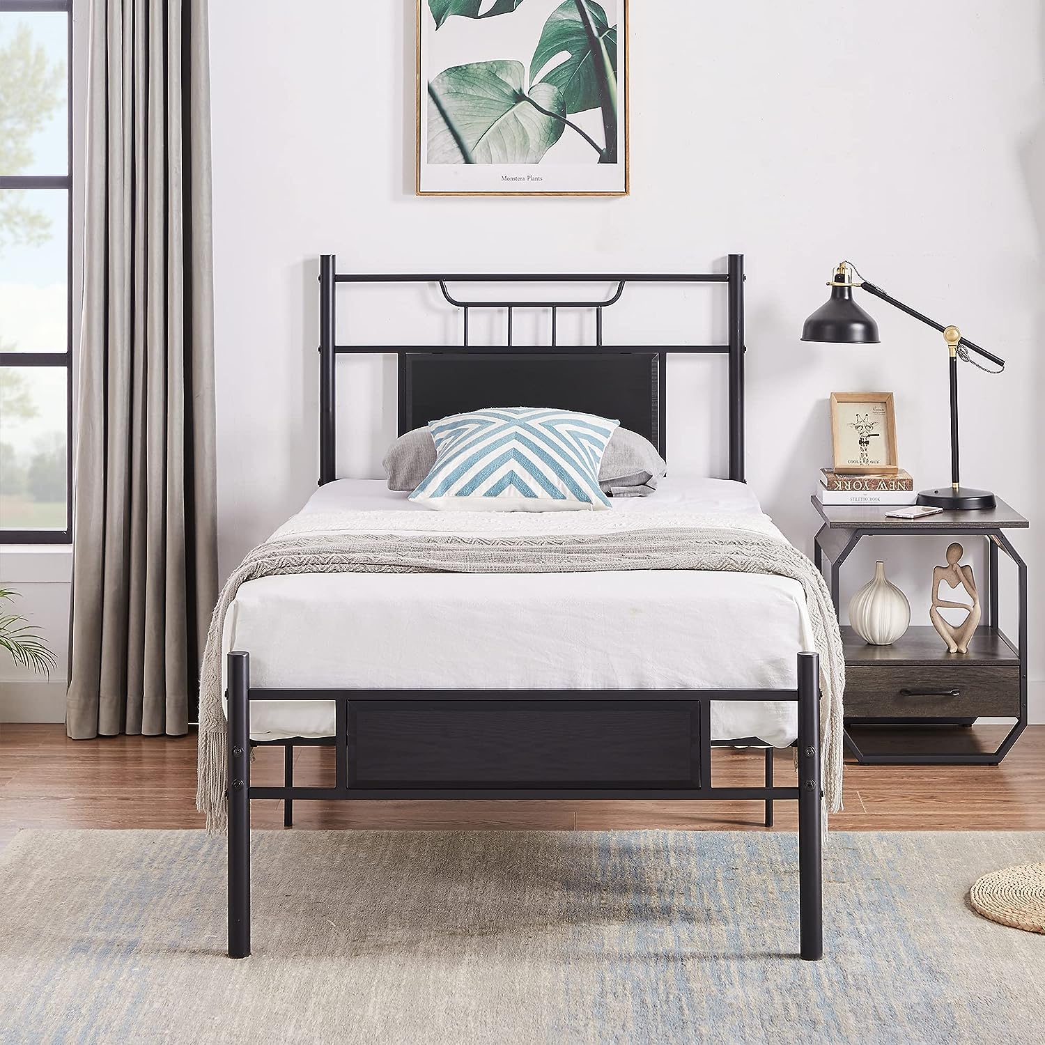 VECELO Platform Bed Frame with Wood Headboard No Box Spring Needed Heavy Duty Steel Slat - VECELO