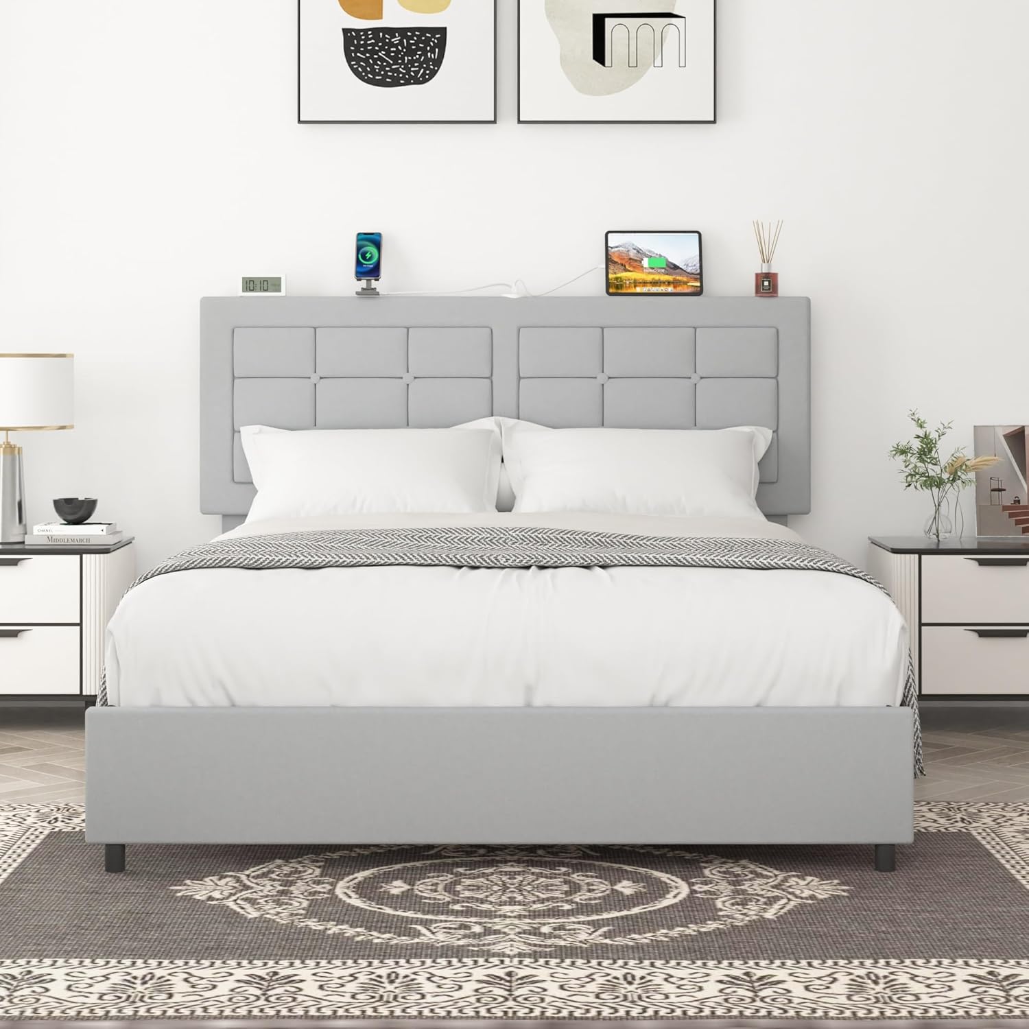 VECELO Bed Frame with 4 Drawers, Adjustable Tufted Button Headboard - VECELO