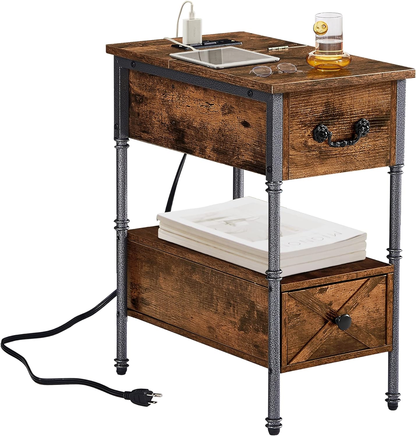 VECELO End Table with Charging Station, Narrow Flip Top Nightstand - VECELO