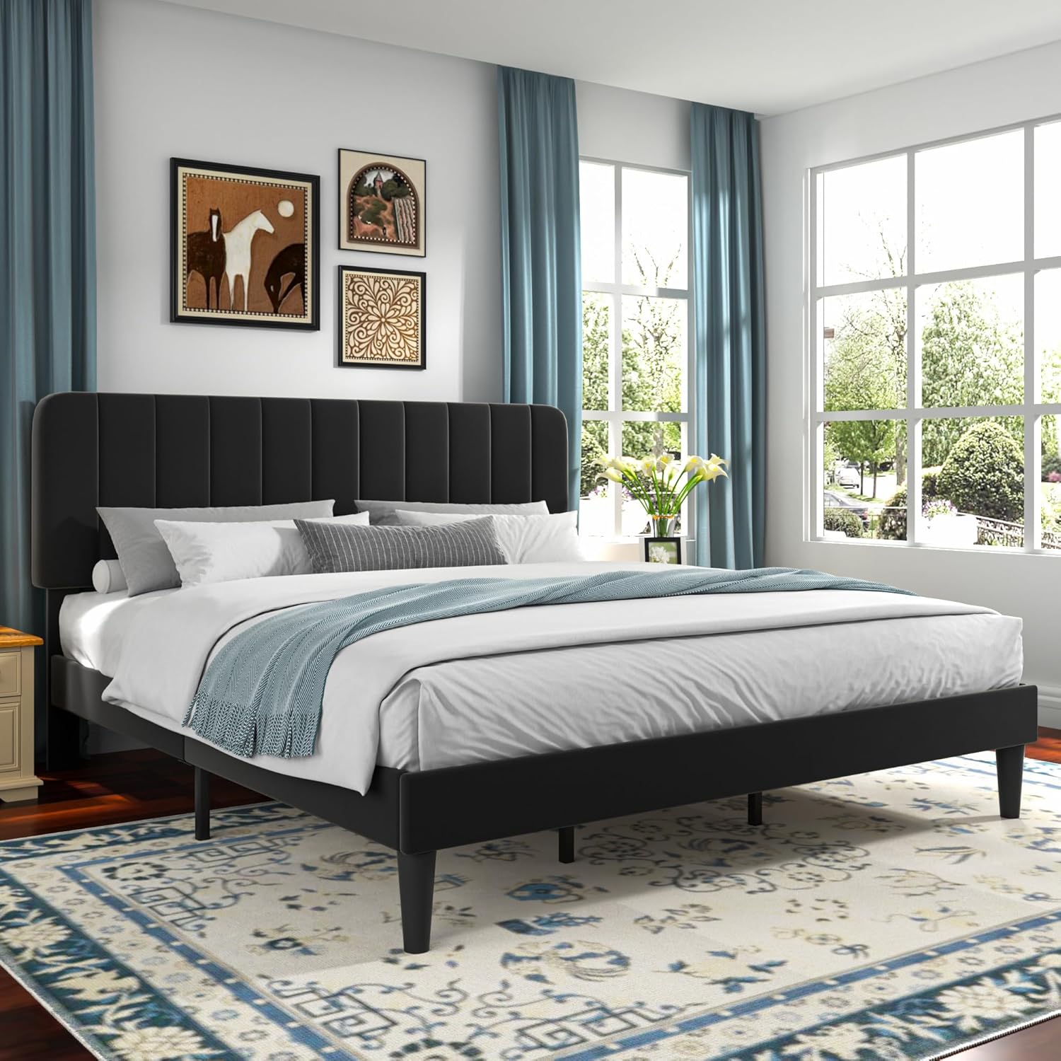 VECELO Upholstered Platform bedframe with Adjustable Headboard - VECELO
