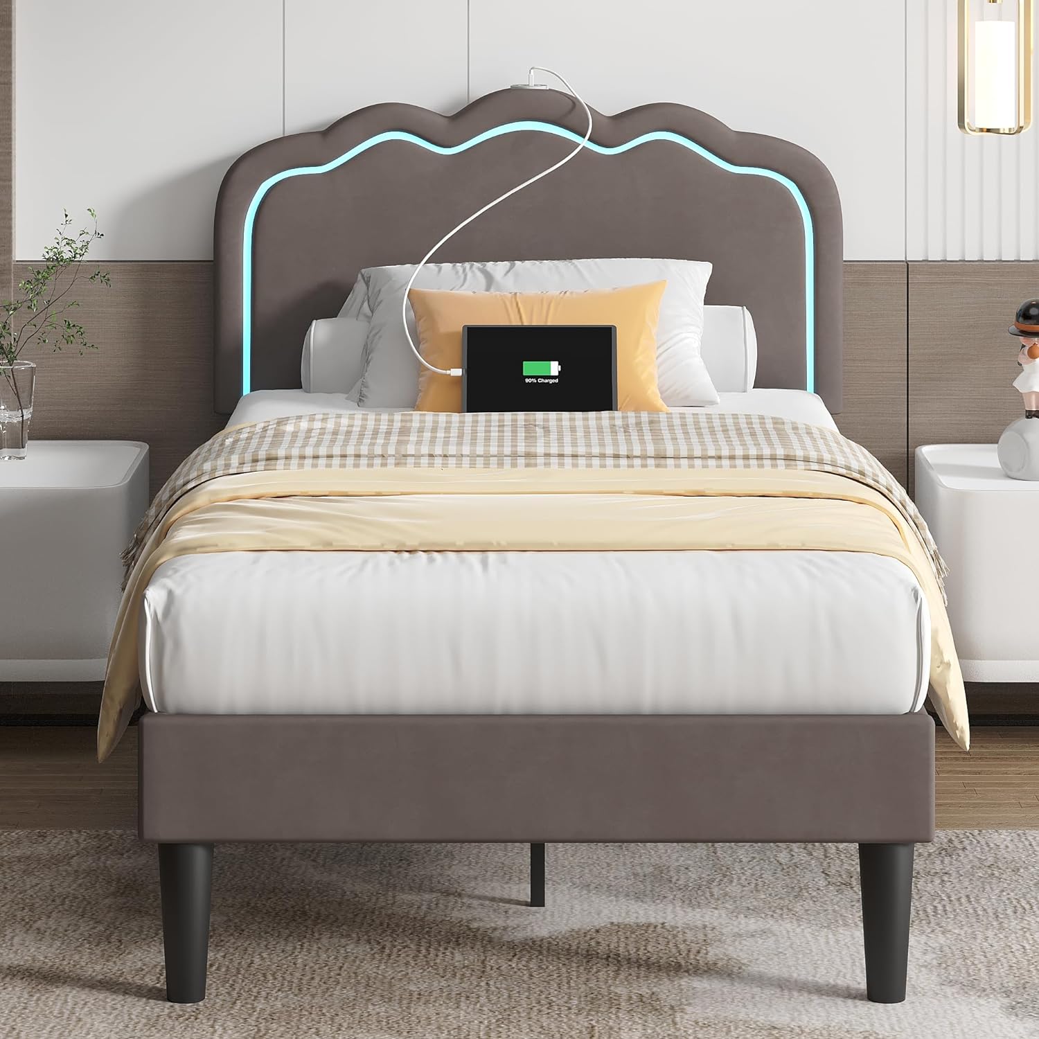 VECELO Upholstered Velvet Platform Bed Frame with Headboard Adjustable, LED Lights, USB-A & Type-C - VECELO
