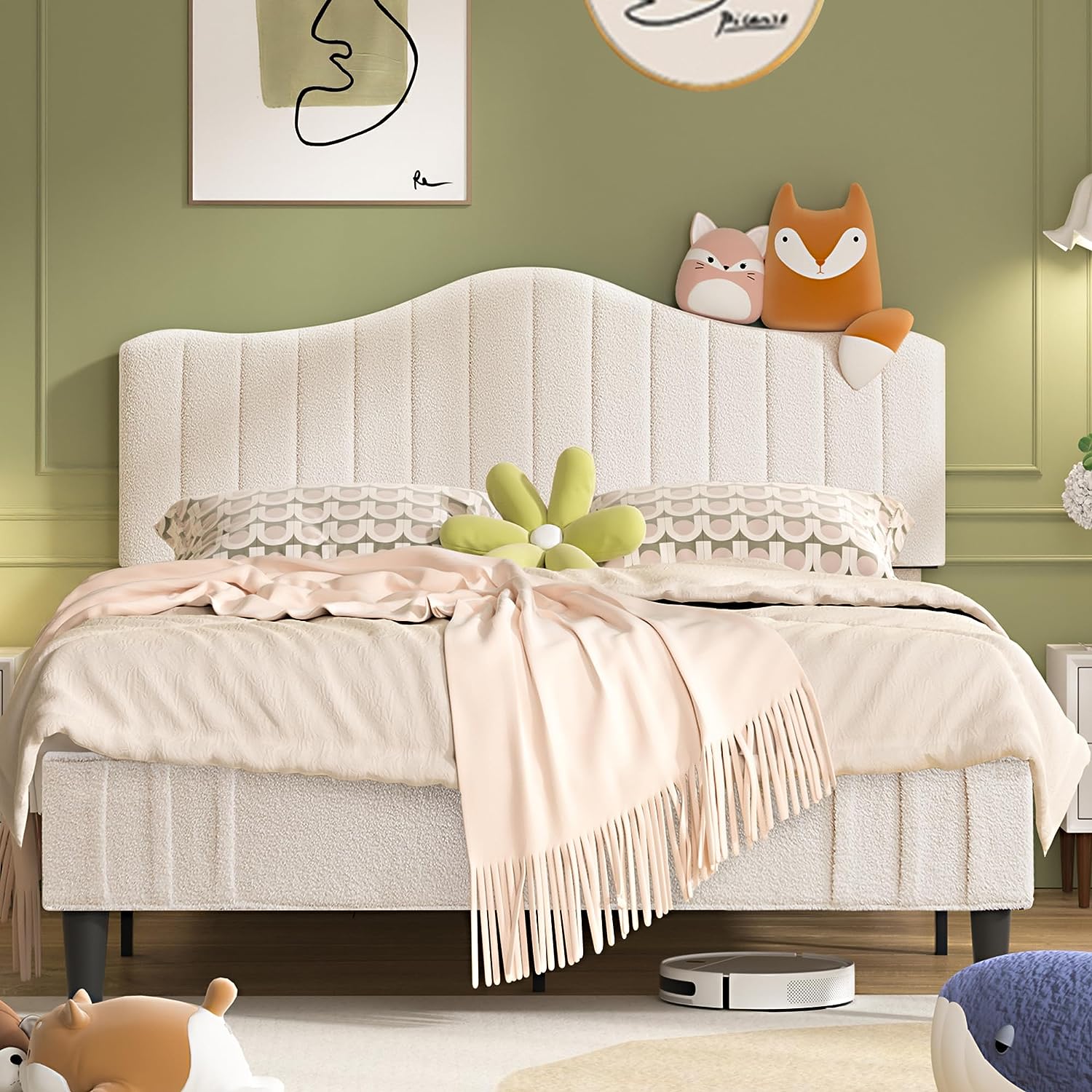 VECELO Upholstered Platform Bed Frame with Sheepskin Fabric Adjustable Headboard/Strong Wood Slats Supports - VECELO