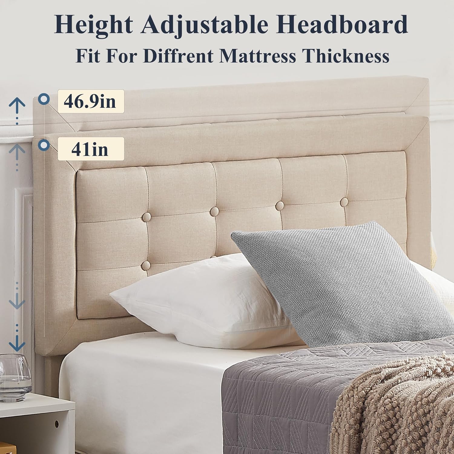 VECELO Upholstered Platform Bed Frame with Height Adjustable Headboard - VECELO