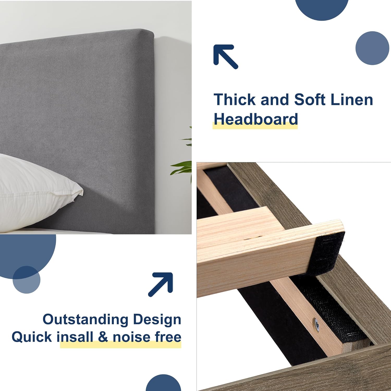 VECELO Upholstered Platform Bed Frame with Height-Adjustable Cotton and Linen Headboard - VECELO