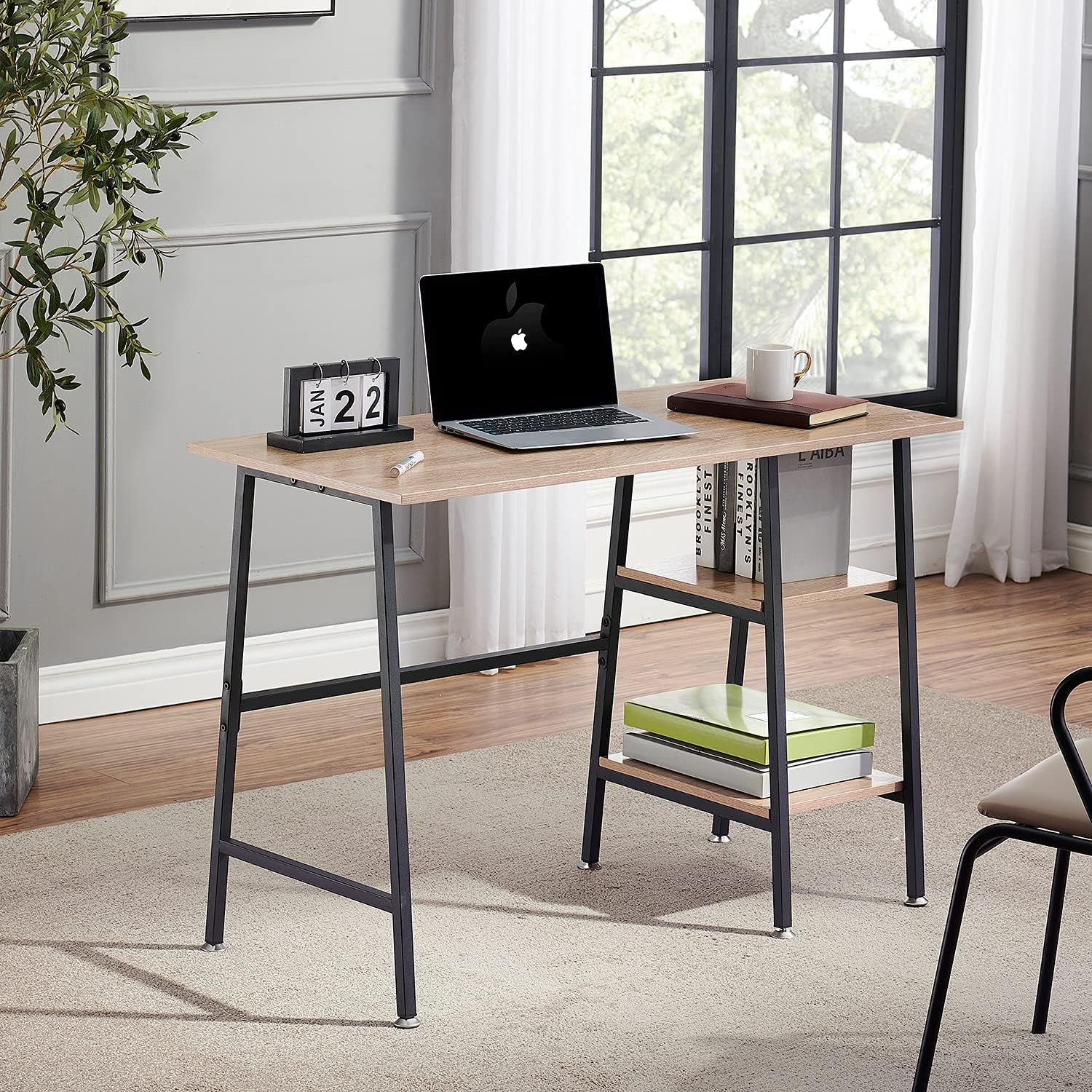 VECELO Computer Writing Desk with 2 Tier Storage Shelves, Modern Simple Student Study Table - VECELO