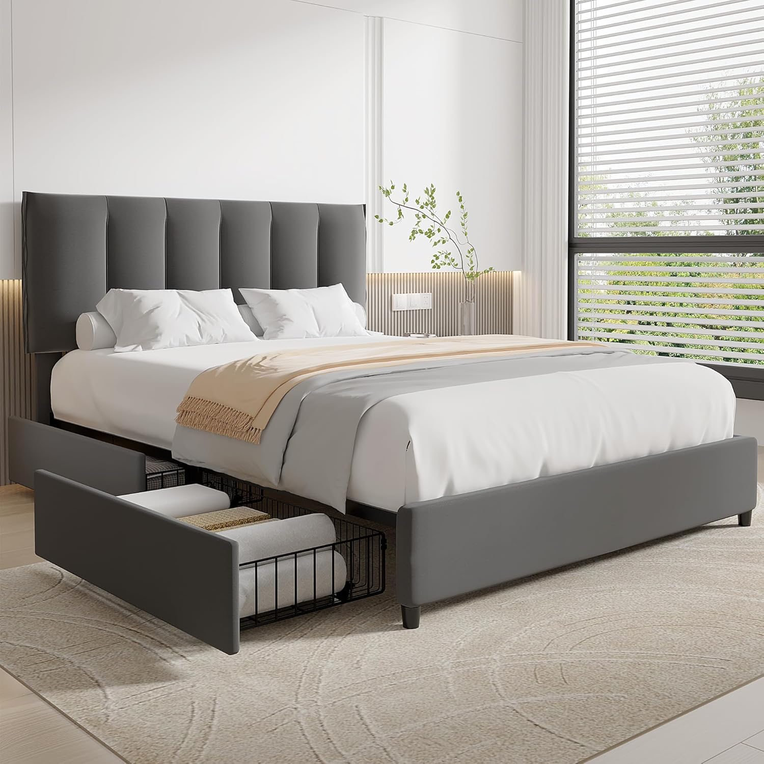 VECELO Upholstered Bed Frame with 4 Storage Drawers and Adjustable Velvet Headboard - VECELO