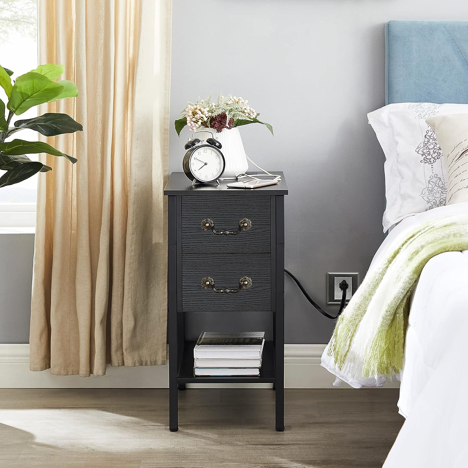 VECELO End Tables,Narrow Nightstands with Charging Station & USB Ports &Drawers - VECELO