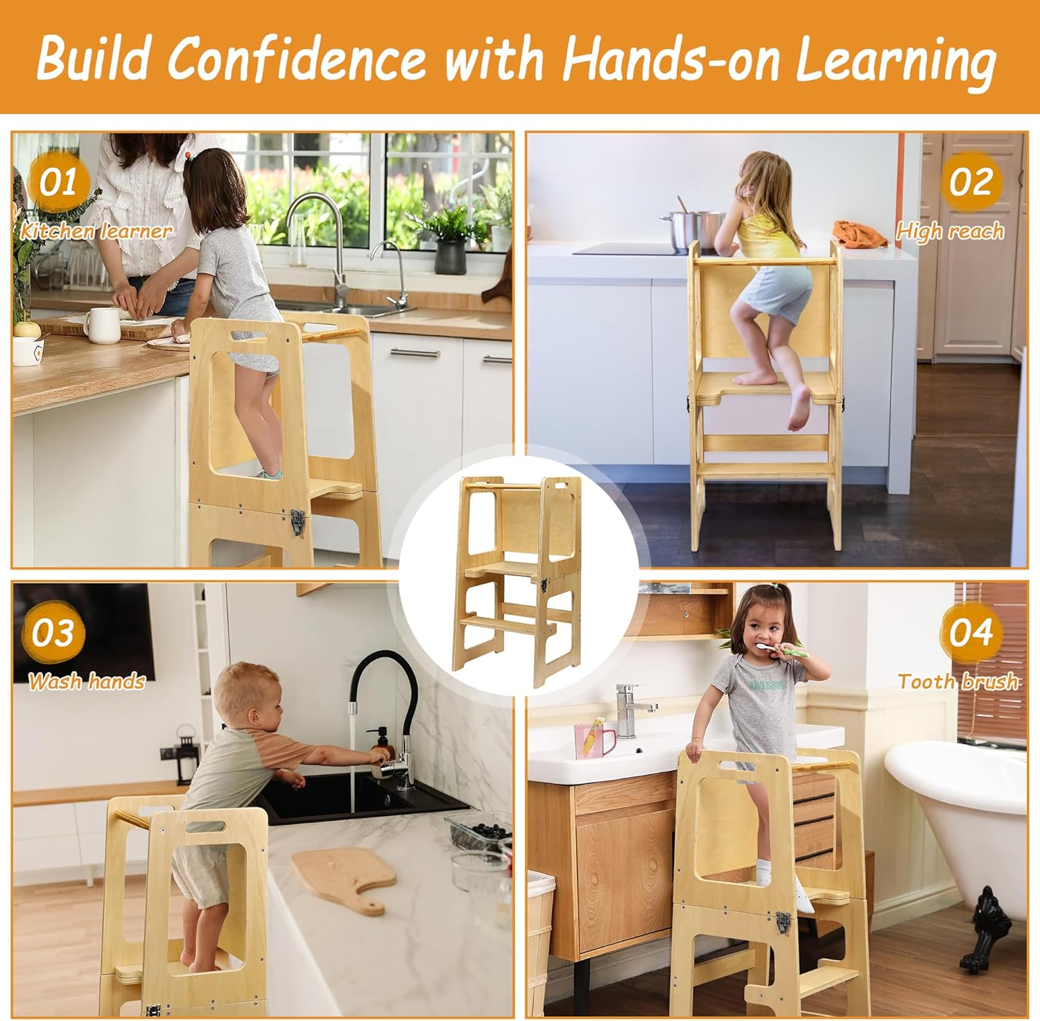 VECELO Foldable Toddler Tower Kitchen Helper Stool for Kids