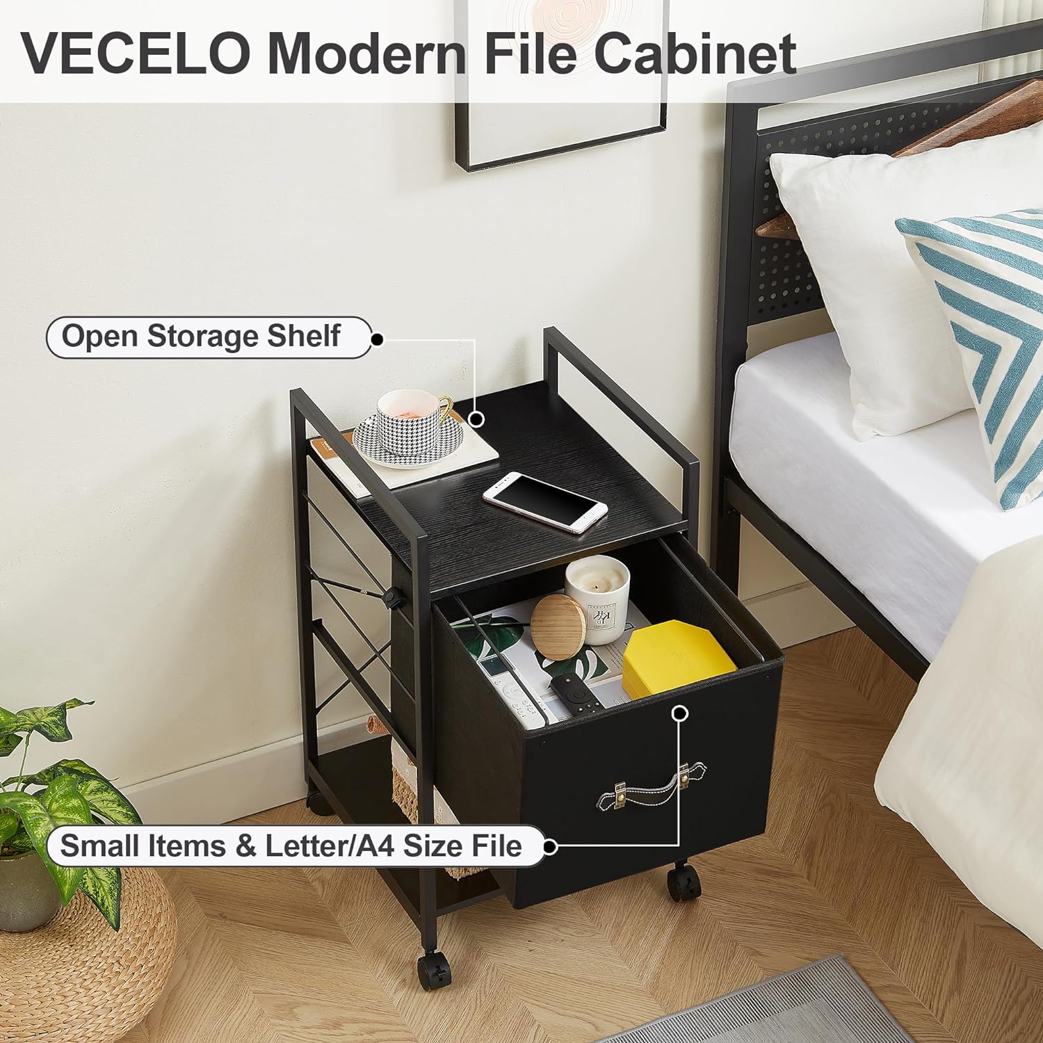 VECELO Mobile Vertical Filing Cabinet, Rolling Printer Shelf with Handle - VECELO