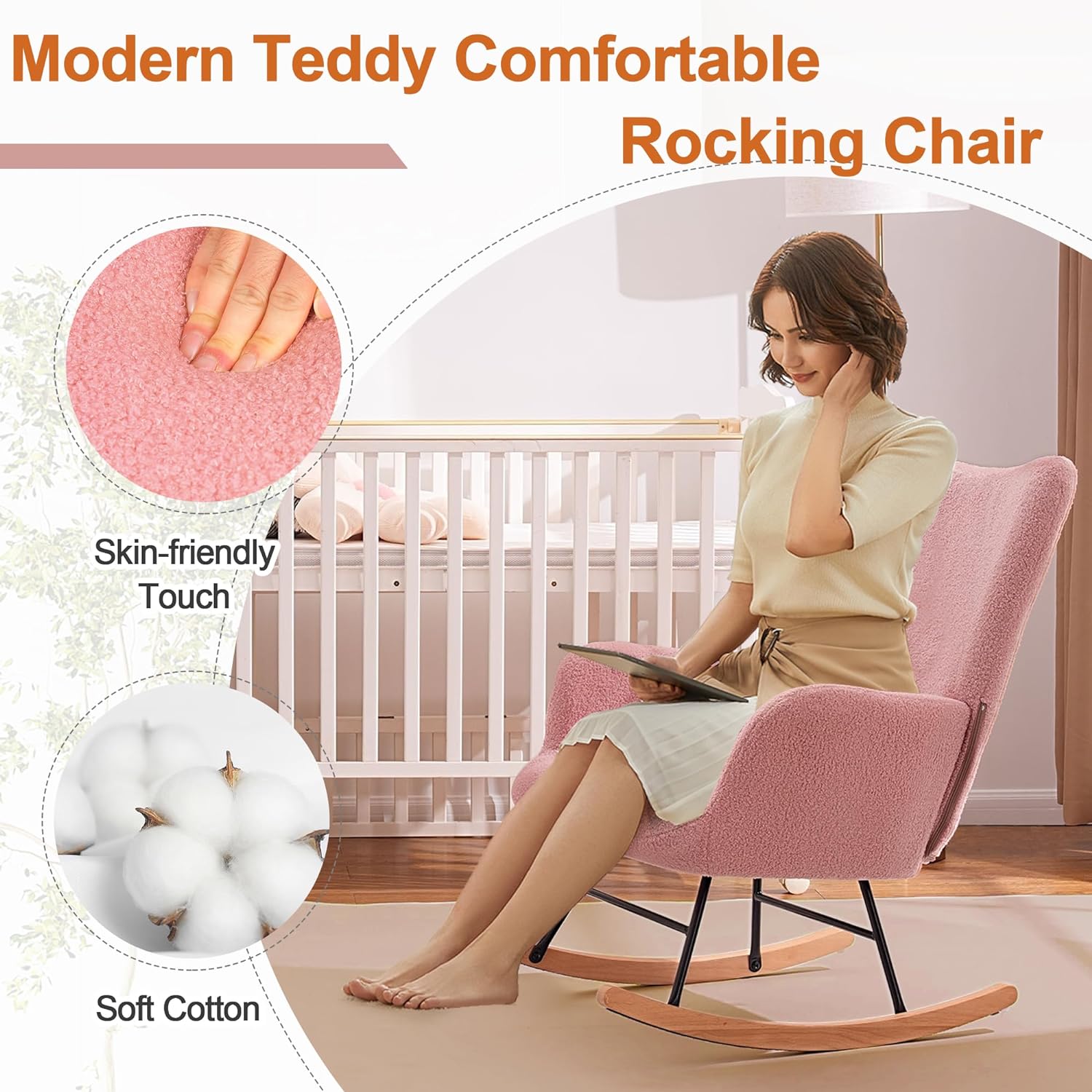VECELO Rocking Chair, Modern Upholstered Teddy Fabric Nursery Glider - VECELO