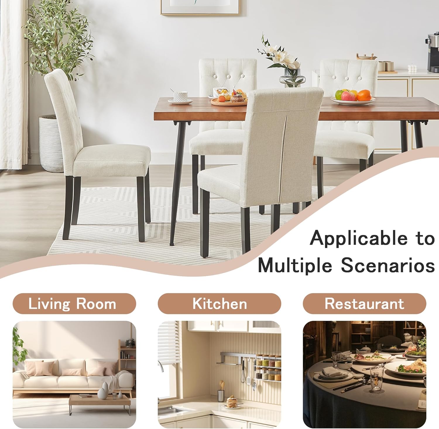VECELO Upholstered Dining Chairs Set of 2 Button Tufted Back, Padded Seat, Wood Legs with Rubber Footpads - VECELO