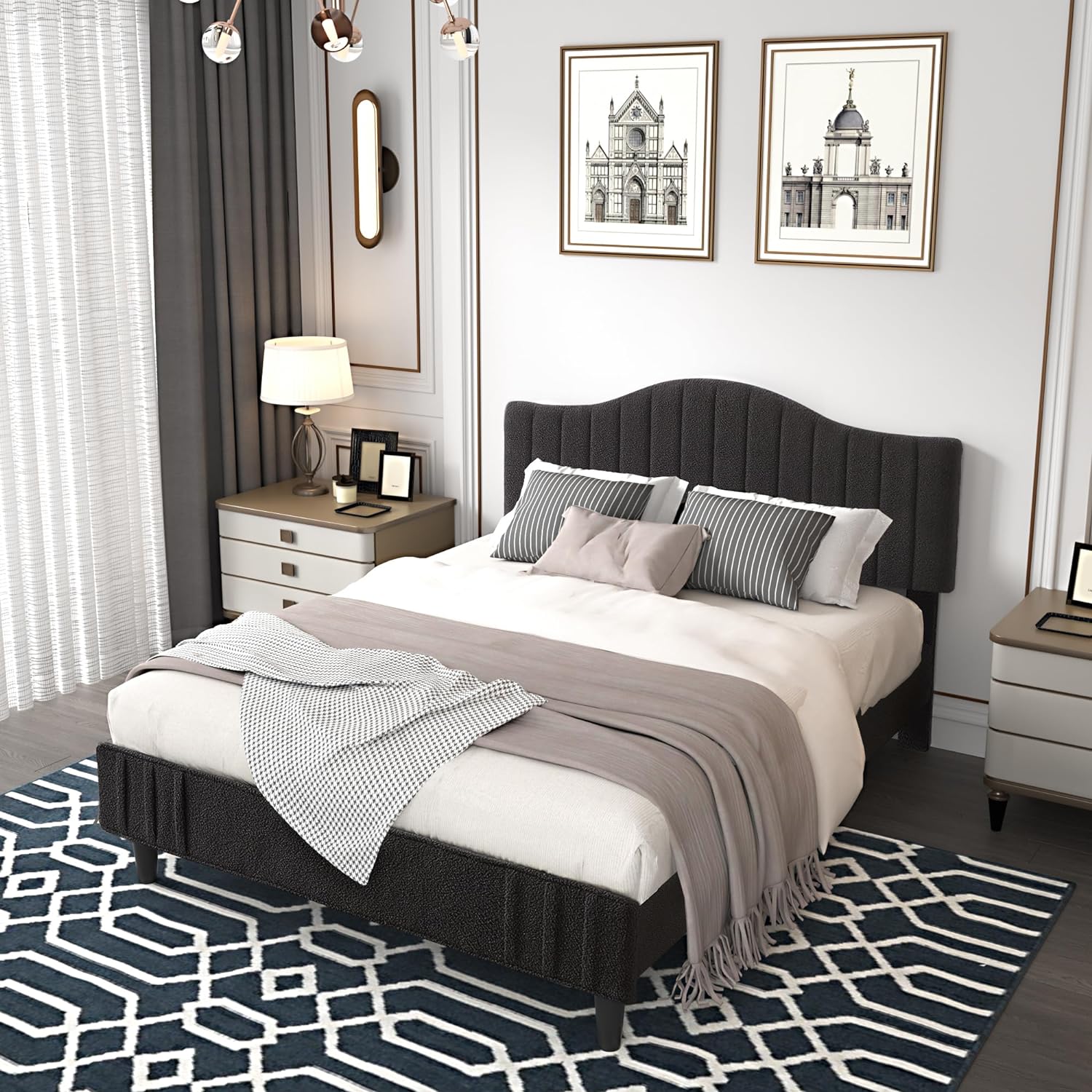VECELO Upholstered Platform Bed Frame with Sheepskin Fabric Adjustable Headboard/Strong Wood Slats Supports - VECELO