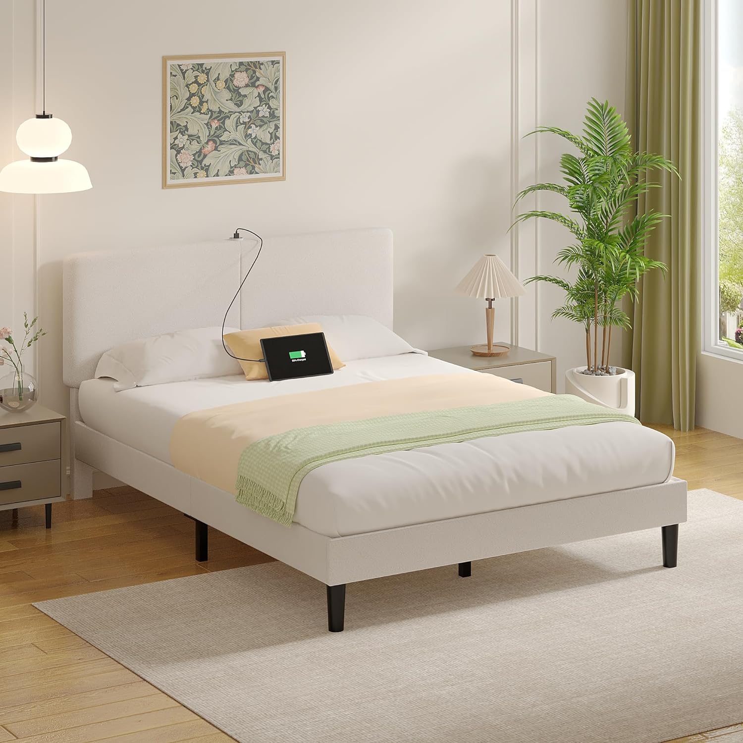 VECELO Twin/Full/Queen Bed Frame Upholstered Platform with Type-C & USB Ports Height-Adjustable Cotton and Linen Headboard - VECELO