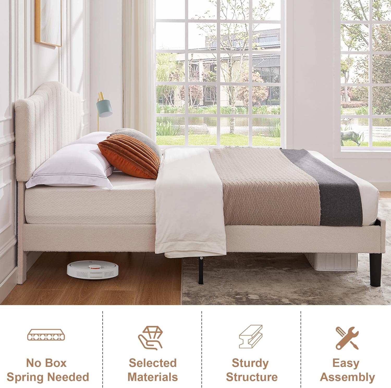 VECELO Upholstered Platform Bed Frame with Sheepskin Fabric Adjustable Headboard/Strong Wood Slats Supports - VECELO