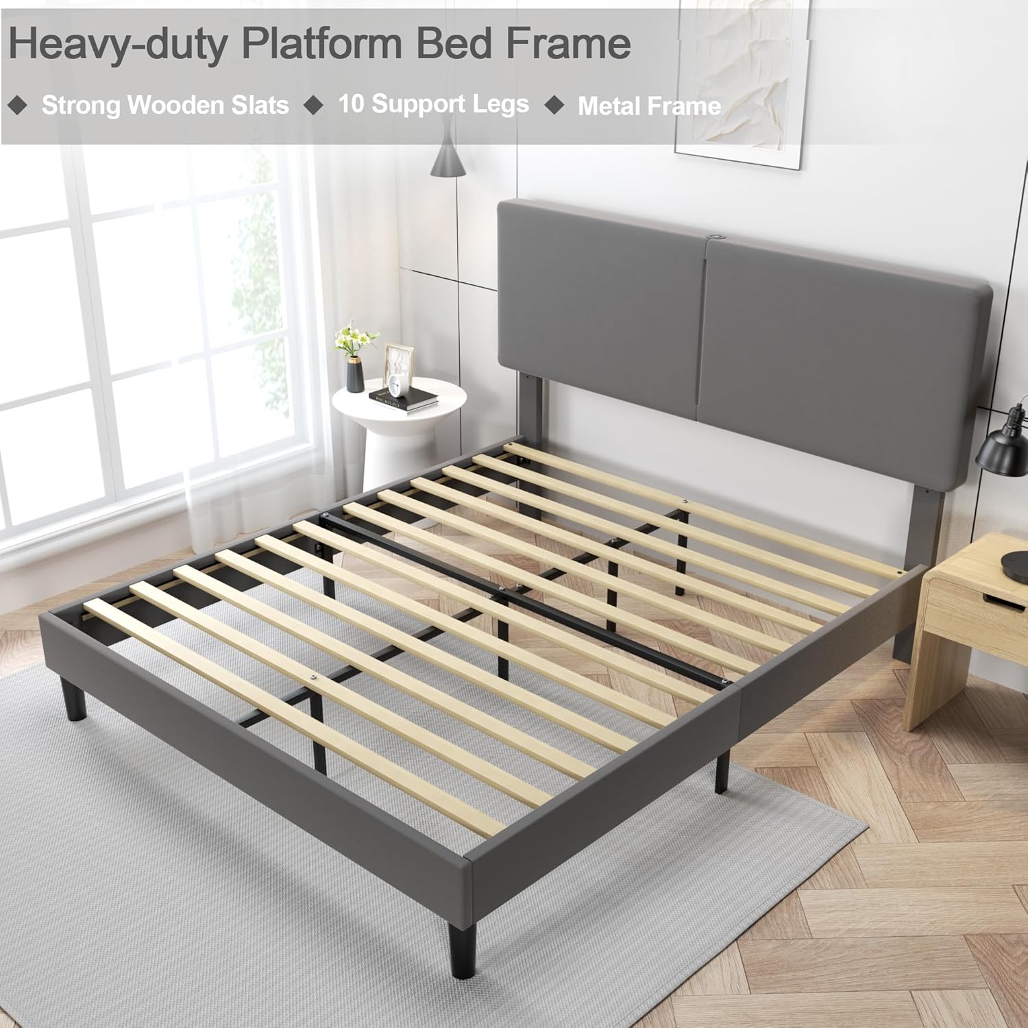 VECELO Twin/Full/Queen Bed Frame Upholstered Platform with Type-C & USB Ports Height-Adjustable Cotton and Linen Headboard - VECELO