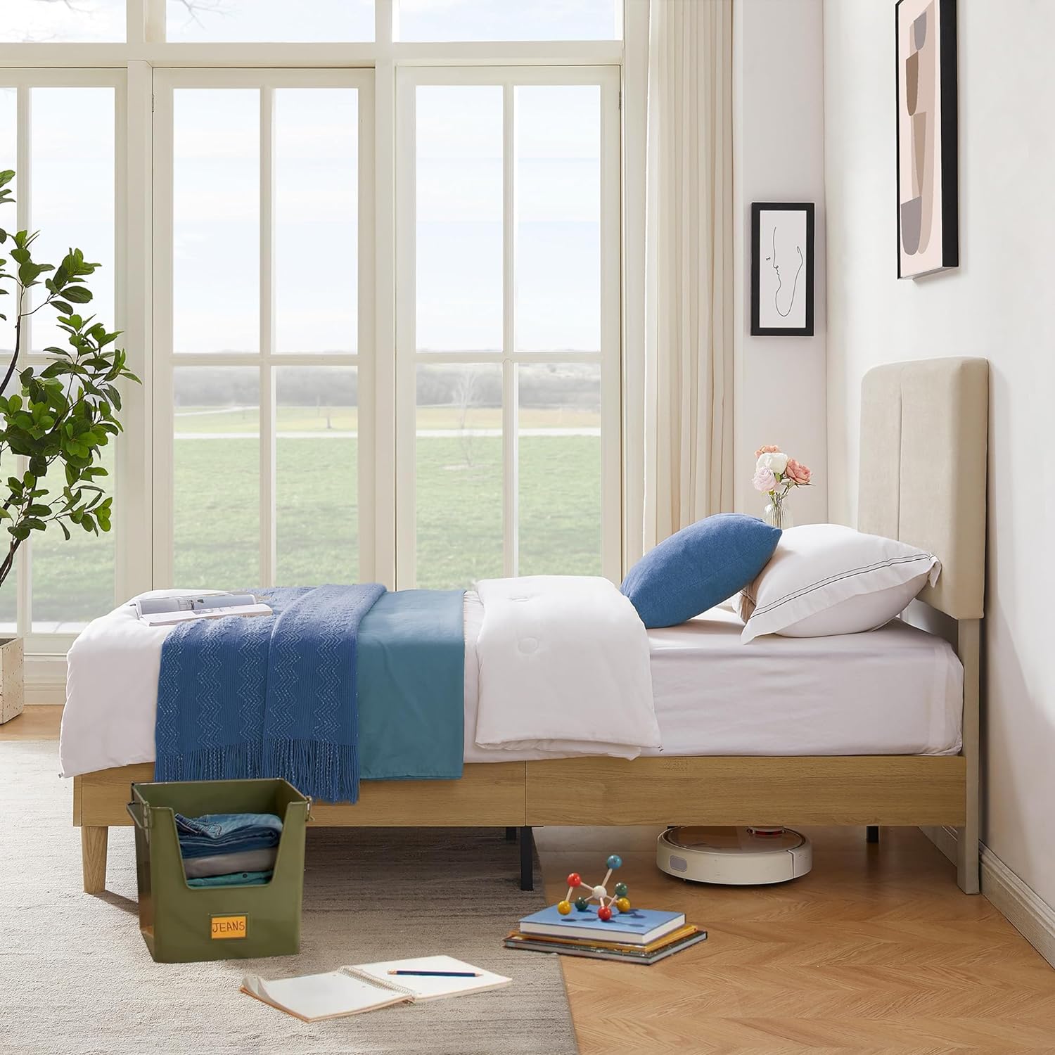 VECELO Upholstered Platform Bed Frame with Height-Adjustable Cotton and Linen Headboard - VECELO