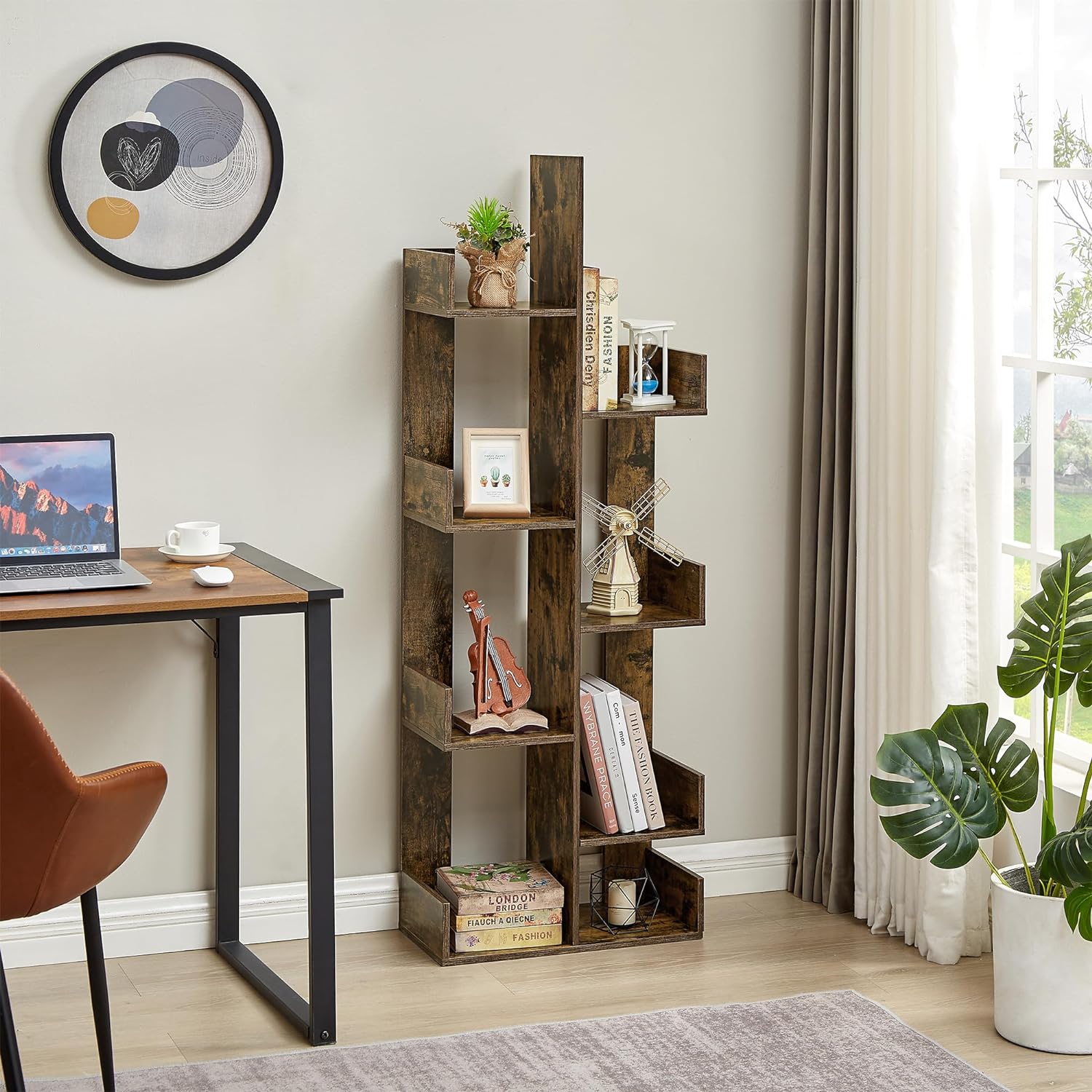 VECELO Tree Bookshelf, Geometric 8 Shelf Tree Bookcase Wood Bookshelves Display - VECELO