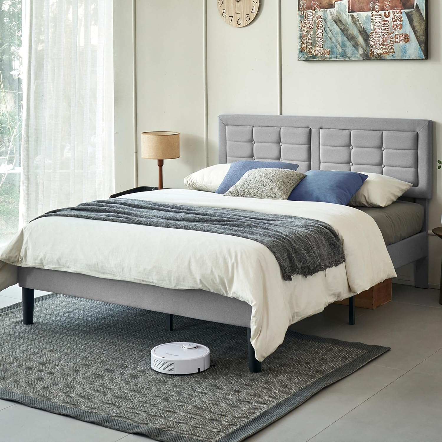 VECELO Upholstered Platform Bed Frame with Height Adjustable Headboard - VECELO