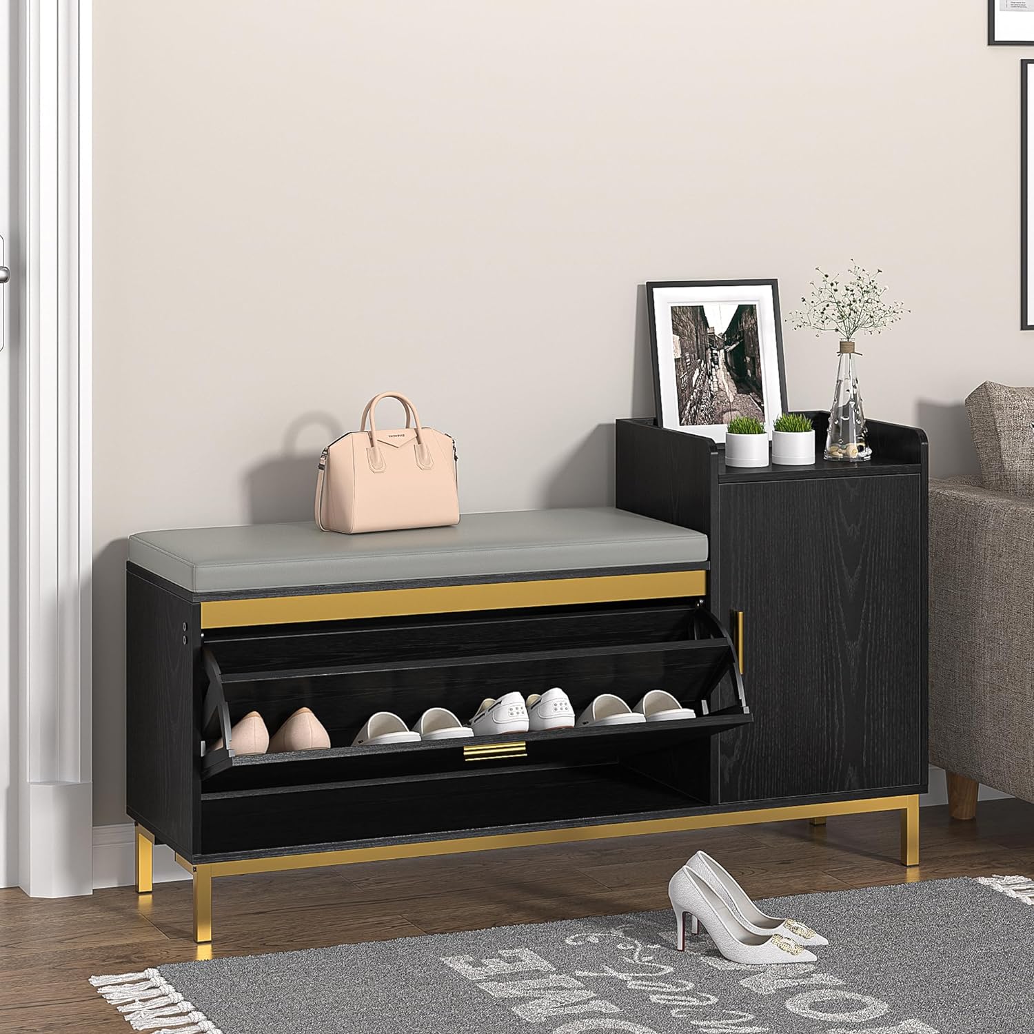 VECELO Shoe Storage Bench with Flip Drawers Entryway Cabinet with Removable Seat Cushion - VECELO