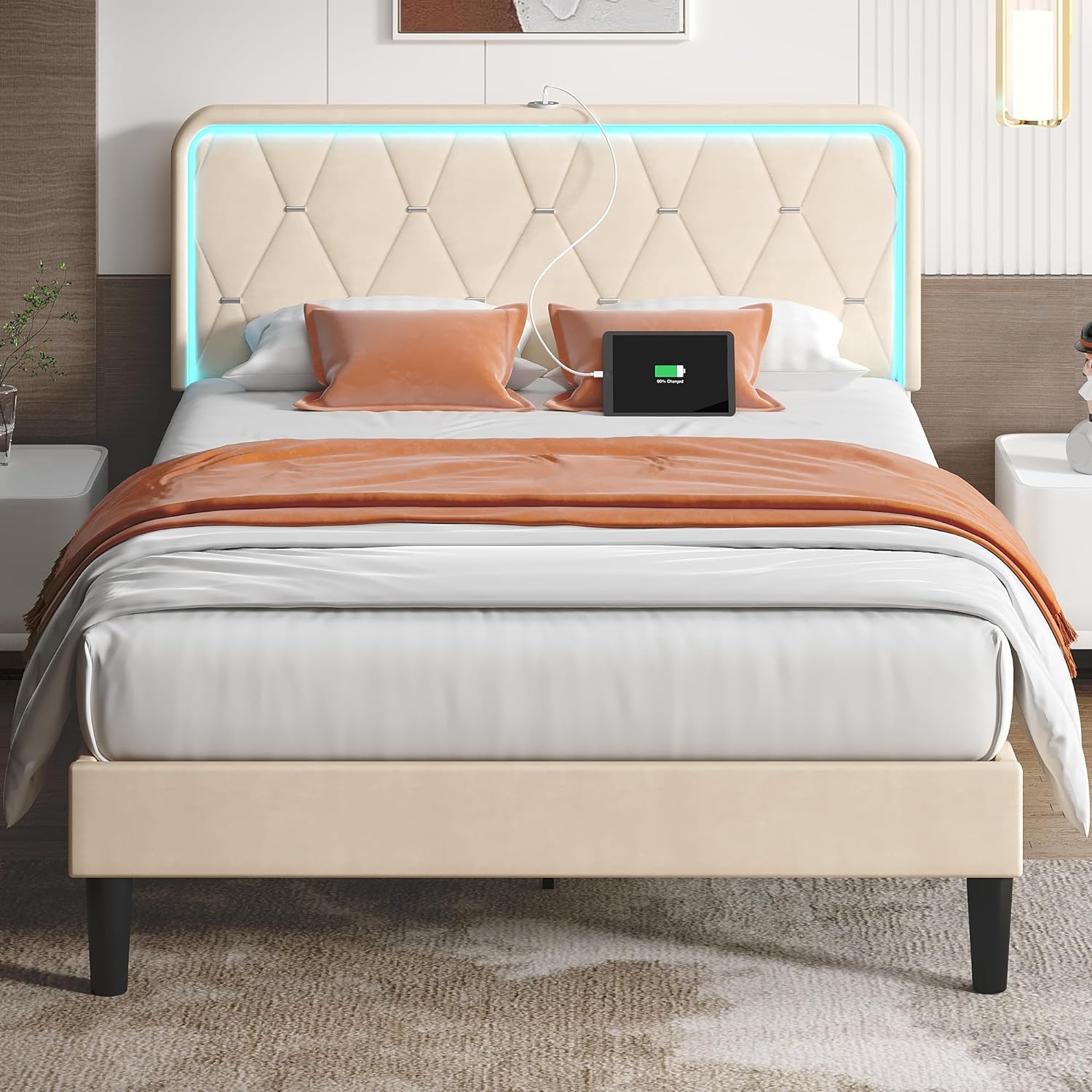 VECELO Upholstered Bed Frame with LED Lights, Charging Station, Velvet Platform Bed - VECELO