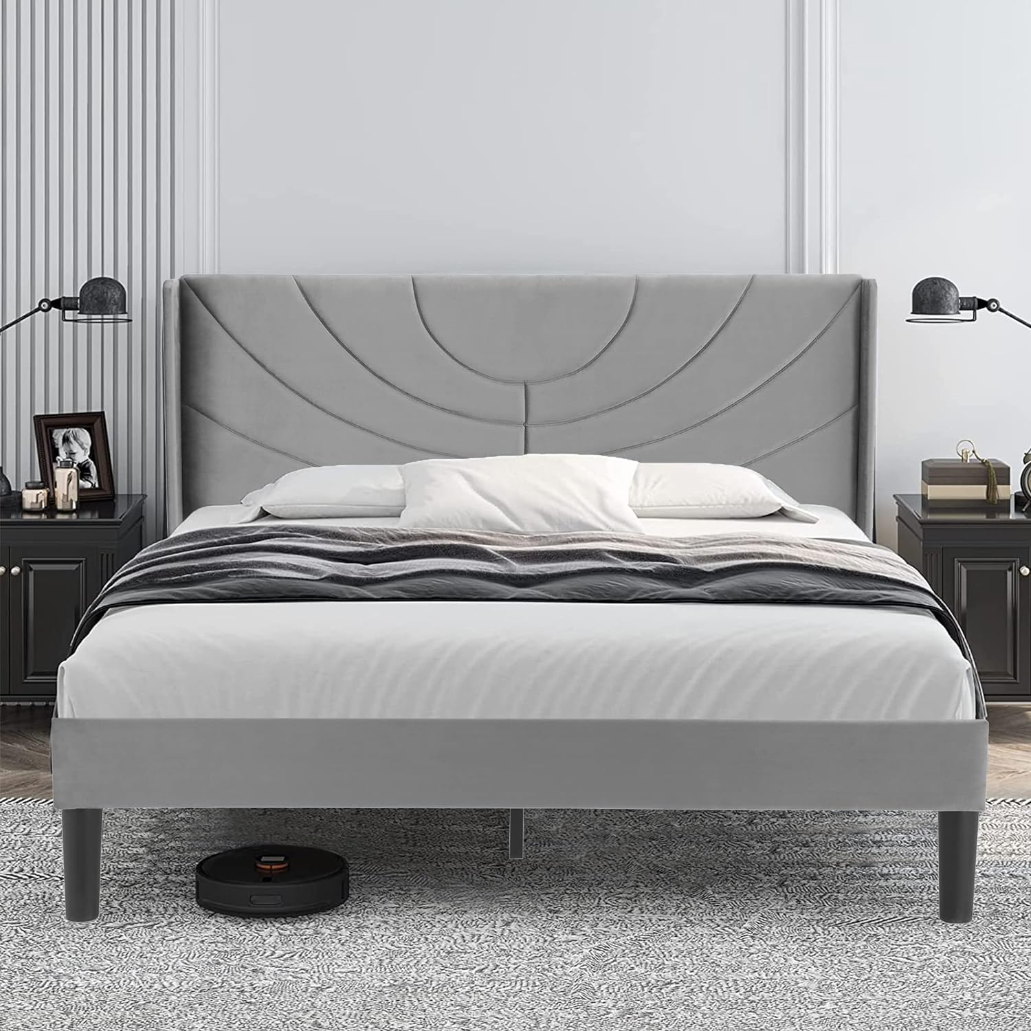 VECELO Upholstered Platform Bed Frame with Adjustable Fabric Headboard - VECELO