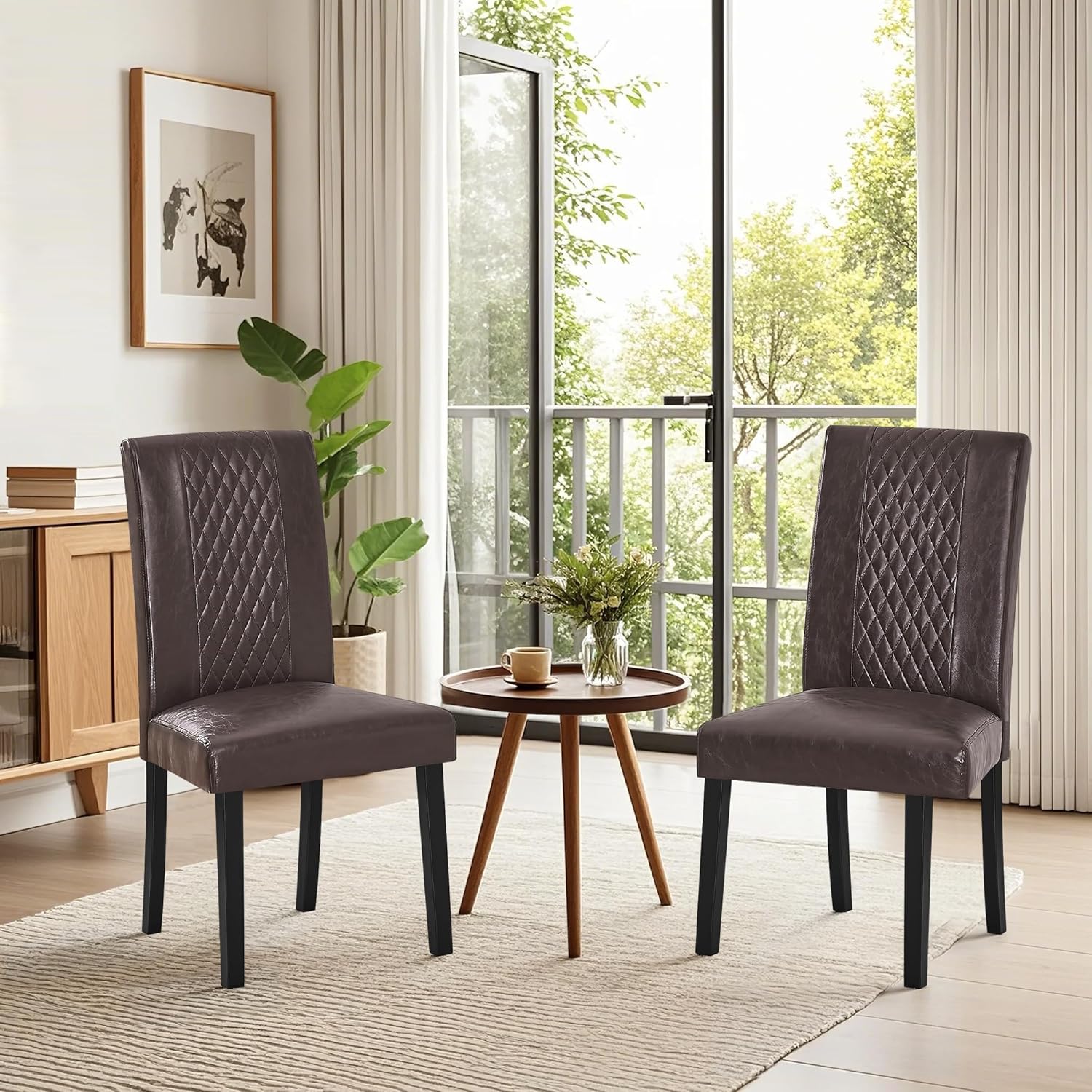 VECELO Dining Chairs Set of 2, Upholstered Fabric Wood Legs High Back for Kitchen Living Room - VECELO