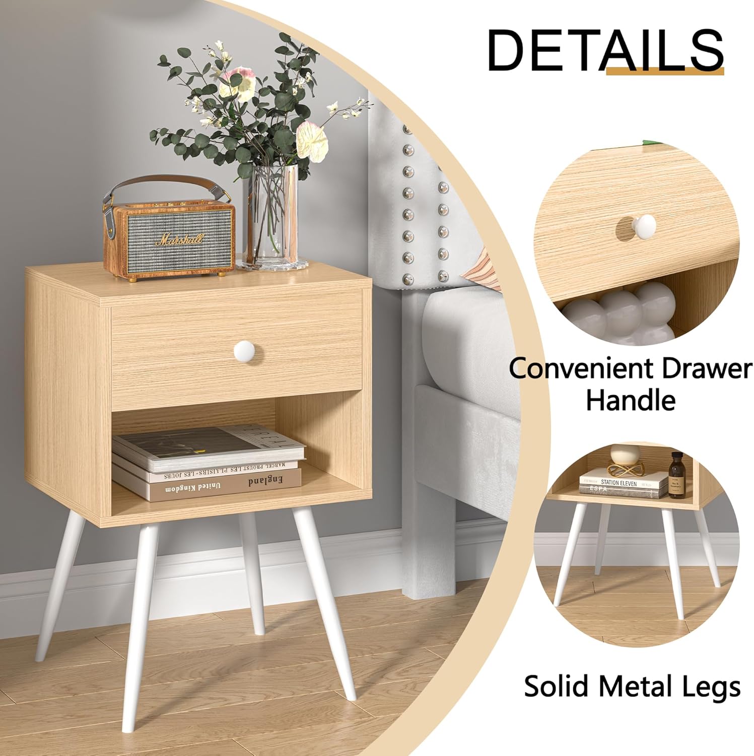VECELO Nightstands Set of 2, Mid Century Modern End Bedside Table