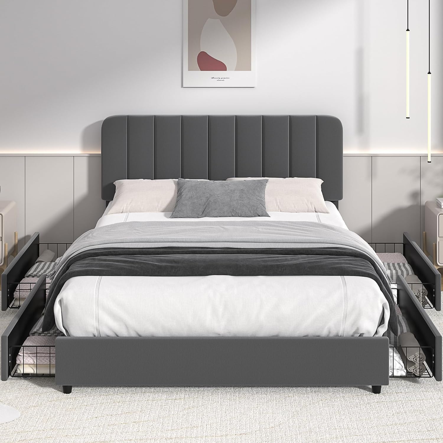 VECELO Upholstered Bed Frame with 4 Drawers and Adjustable Headboard - VECELO