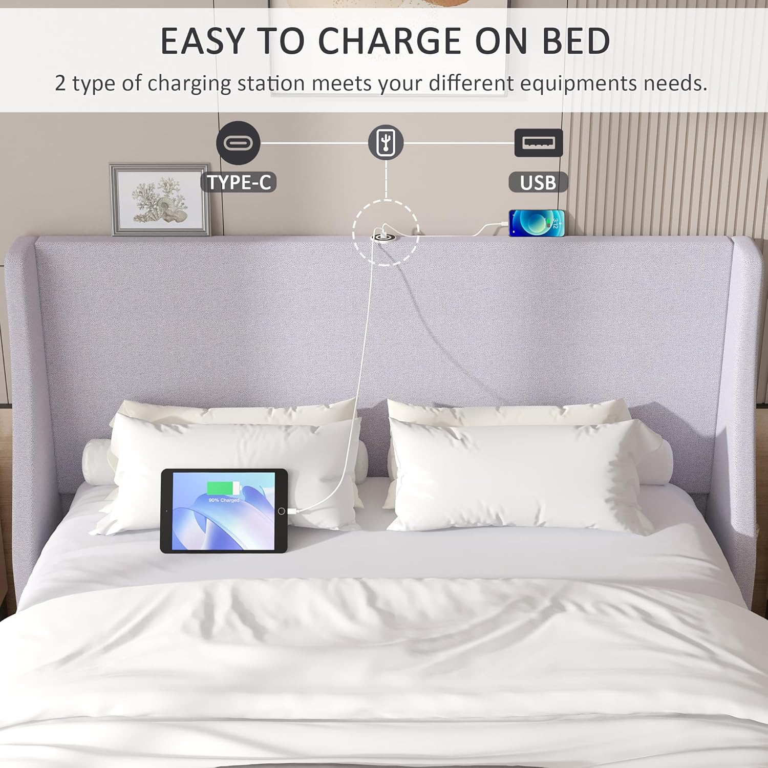 VECELO Bed Frame with Upholstered Wingback Headboard - VECELO
