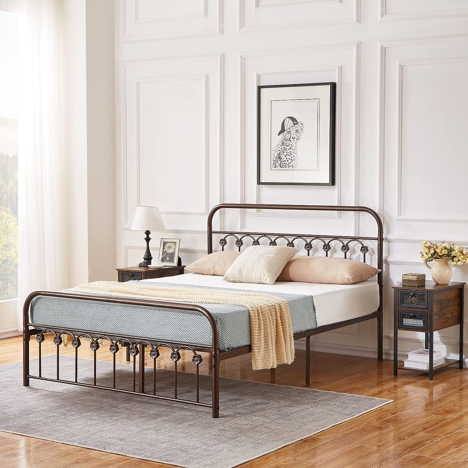 VECELO Metal Bed Frame/Mattress Foundation with Vintage Flower Headboard & Footboard - VECELO