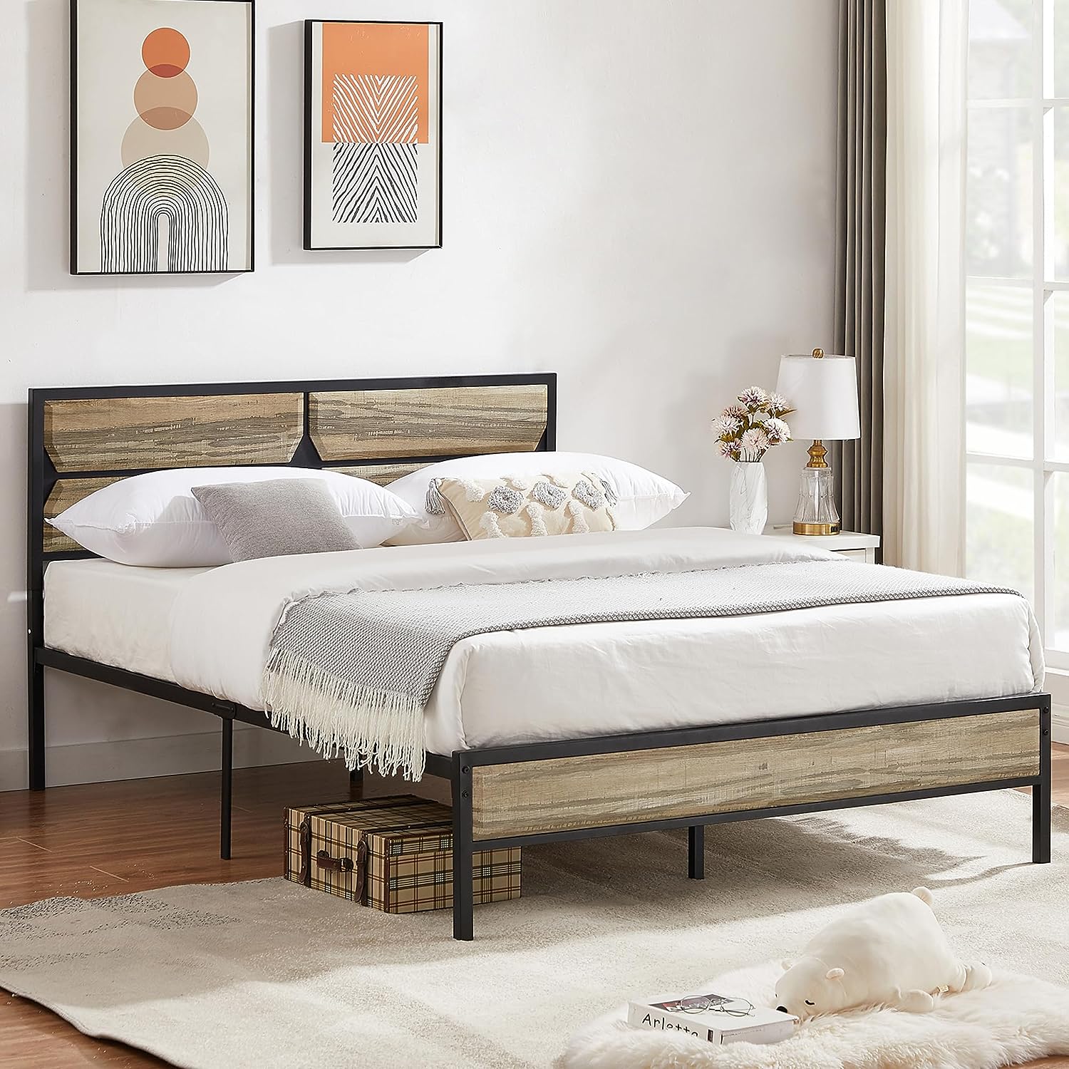 VECELO Metal Bed Frame Platform with Wooden Headboard&Footboard Mattress Foundation - VECELO
