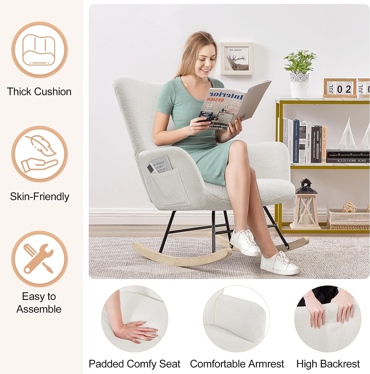 VECELO Rocking Chair, Modern Upholstered Teddy Fabric Nursery Glider - VECELO